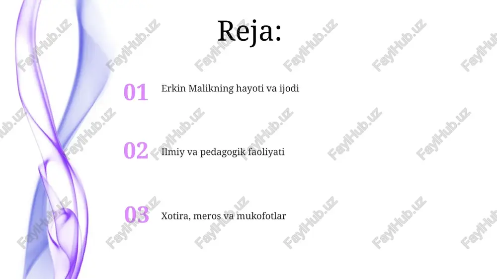 mukofotlari va unvonlari erkin malik "o'zbekiston respublikasida xizmat ko'rsatgan artist" unvoniga sazovor bo'lgan, bu unvon uning san'at sohasidagi ko'p yillik va samarali faoliyati uchun berilgan. u "mehnat shuhrati" ordeni bilan taqdirlangan, bu orden uning o'z kasbiga sodiqligi va o'zbekiston madaniyatiga qo'shgan katta hissasi uchun berilgan mukofotdir. xotira va meros erkin malikning xotirasi uning ilmiy maktabi orqali saqlanib qolgan, unda yuzlab shogirdlar uning g'oyalarini rivojlantirmoqda, 10 dan ortiq fan doktorlari yetishib chiqqan. uning merosi o'zbek adabiyoti va madaniyatiga qo'shgan bebaho hissasi, jumladan, 5 ta roman, 20 dan ziyod hikoyalar to'plami va ko'plab ilmiy maqolalarda namoyon bo'ladi. e'tiboringiz uchun rahmat image4.png image5.jpg image6.jpg image7.jpg image8.jpg image9.jpg image10.jpg image11.jpg image1.jpeg image2.jpeg image3.jpeg