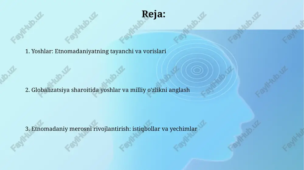 ishni keltirib chiqaradi, bunda milliy urf-odatlar 2.0 texnologiyalari va global trendlar bilan uyg'unlashib, yangi madaniy shakllarni yaratadi. globallashuv 15-30 yoshdagi yoshlarning etnomadaniy merosga qiziqishini kamaytirishi mumkin, chunki ular ko'proq global madaniy mahsulotlarga (musiqa, moda) e'tibor qaratadilar. yoshlar va milliy o'zlikni anglash milliy o'zlikni anglash yoshlarda o'z xalqining tarixi, tili va madaniyatiga bo'lgan qiziqishni oshiradi, bu esa 21-asrning global dunyosida muhim ahamiyatga ega. yoshlar orasida milliy o'zlikni anglash darajasi 18-25 yoshda eng yuqori bo'lishi mumkin, chunki bu davrda shaxsiy qadriyatlar shakllanadi va mustaqil fikrlash rivojlanadi. etnomadaniy ta'limning ahamiyati etnomadaniy ta'lim yosh avlodga o'z xalqining tarixi, tili va urf-odatlari haqida chuqur bilim beradi, bu esa ularning milliy o'zligini anglashiga yordam beradi. u milliy madaniyatning 100 dan ortiq elementlarini o'rganish orqali, yoshlarni tolerantlik va boshqa madaniyatlarga hurmat ruhida tarbiyalashga xizmat qiladi. yoshlar tashkilotlarining etnomadaniyatni rivojlantirishdagi roli yoshlar tashkilotlari 100 dan ortiq loyihalarni amalga oshirib, etnomadaniy merosni o'rganish va ommalashtirishga qaratilgan tadbirlarni tashkil etadi. …