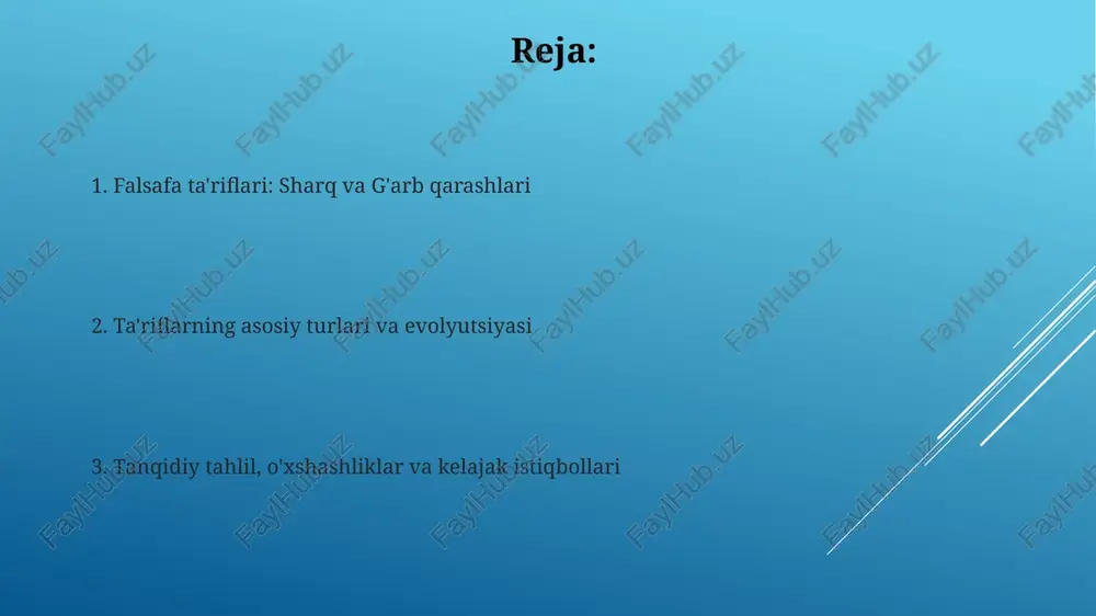 yillik an'anaga ega bo'lib, bilish, mavjudlik va axloqiy tamoyillarni o'rganadi. g'arb falsafasida ontologik ta'riflar mavjudlik mohiyatini, masalan, aristotelning modda va shakl tushunchasi orqali anglashga intilsa, epistemologik ta'riflar bilim olish usullarini 30 so'z bilan tahlil qiladi. o'xshashliklar, farqlar va ta'riflarning evolyutsiyasi sharq va g'arb falsafasi birgalikda ontologik savollarga e'tibor qaratadi; ammo, sharq ko'pincha intuitiv bilimlarga, g'arb esa 1-ming yillikdan boshlab, mantiqiy tahlilga urg'u beradi. ta'riflar evolyutsiyasi har ikki mintaqada ham mavjud. masalan, sharqda, vedalar davridan yangi davrga qadar, g'arbda esa platon davridan zamonaviy axloqiy relativizm davrigacha farq qiladi. zamonaviy falsafa, tanqidlar, xulosa va kelajak istiqbollari zamonaviy falsafa 20-asr va undan keyingi davrda mavjud bo'lib, ekzistensializm, fenomenologiya va postmodernizm kabi yangi yo'nalishlarni qamrab oladi, an'anaviy ta'riflarga qarshi chiqadi. falsafa ta'riflariga oid tanqidlar, xususan, poststrukturalizm va dekonstruksiya, ta'riflarning subyektivligini va madaniy bog'liqligini ta'kidlab, ularning universal qo'llanilishini shubha ostiga qo'yadi. e'tiboringiz uchun rahmat image1.jpg image2.jpg image3.jpg image4.png image5.jpg image6.jpg image7.jpg