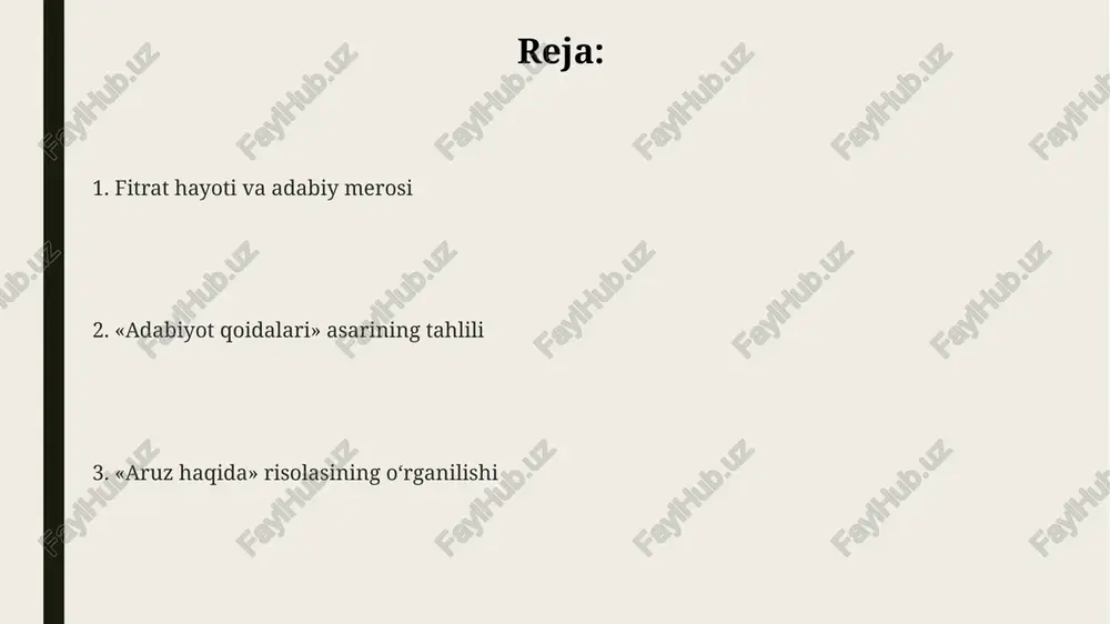 di. “aruz haqida” asarining mohiyati va aruz vaznlari “aruz haqida” asarining mohiyati aruz vaznlarining 19 ta asosiy turini (bahr) chuqur o'rganish va ularning she'riyatdagi qo'llanilishini tahlil qilishga qaratilgan. asarda 160 dan ortiq aruz vaznlari misollar bilan keltirilgan bo'lib, ularning har biri o'ziga xos ritm va ohang xususiyatlariga ega ekanligi aniq tushuntirilgan. fitrat “aruz haqida” asarida aruz vaznlarining murakkab tuzilishini oddiy va tushunarli tilda izohlab, 8 bo'g'inli o'lchov (rukniy) asosida tahlil qiladi. “aruz haqida”ning tuzilishi va til xususiyatlari asarning til xususiyatlari fors-tojik tili ta'sirida bo'lgan o'zbek tilida yozilganligi bilan ajralib turadi. unda 50 dan ortiq arabcha va forscha atamalar aruz nazariyasini tushuntirish uchun ishlatilgan. “aruz haqida” risolasining tuzilishi muqaddima, 3 ta asosiy bob (qofiya, vaznlar, doiralar) va xotimadan iborat boʻlib, har bir bobda aruz ilmining turli jihatlari 10 ga yaqin misollar bilan tahlil qilingan. fitrat aruz vaznlarini tahlil qilishda 20 ga yaqin she’riy parchadan foydalangan. ularda vaznlarning xususiyatlari, 7-8 ta asosiy …
