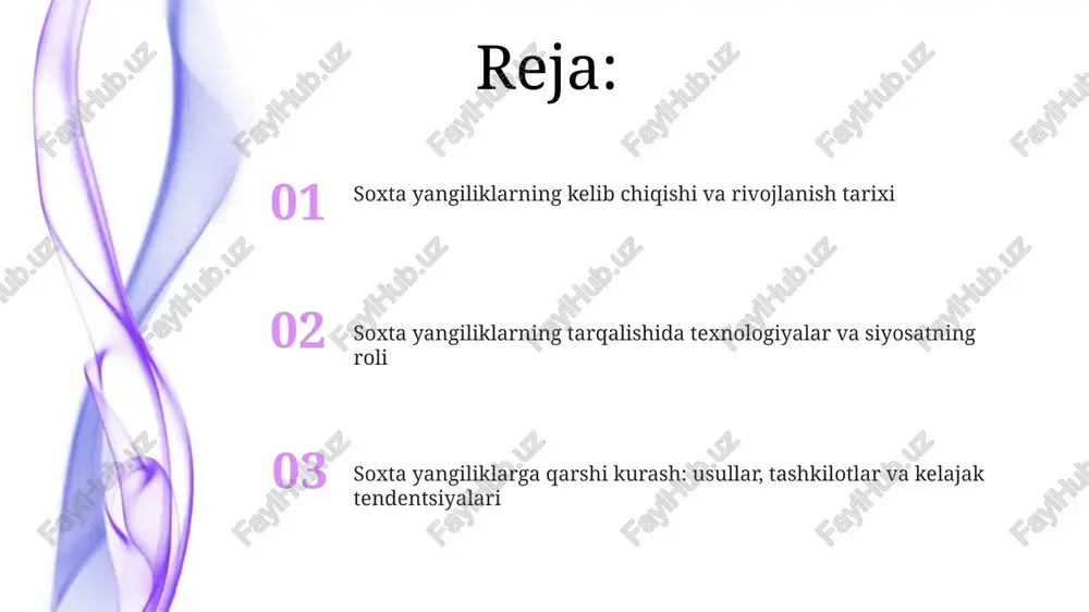 ari, masalan, rossiyaning 2016-yilgi saylovlarga aralashuvi, polarizatsiya uchun soxta yangiliklar va botlardan foydalanishni o'z ichiga oladi. pandemiyaning soxta yangiliklar tarqalishiga ta'siri vaktsinalar haqidagi soxta yangiliklar immunitetning samaradorligini shubha ostiga qo'ydi. taxminan 35% odamlar noto'g'ri ma'lumotlar tufayli emlanishdan bosh tortganligi aniqlandi. covid-19 pandemiyasi davrida noto'g'ri ma'lumotlar 2020-yilda 92% ga oshdi. davolash usullari bo'yicha yolg'on xabarlar ijtimoiy tarmoqlarda tez tarqaldi va odamlarning salomatligiga xavf soldi. soxta yangiliklarni aniqlash va faktlarni tekshirish usullari teskarisini qidirish – bu tasvirning haqiqiyligini tekshirish usuli boʻlib, unda google images kabi qidiruv vositalaridan tasvirning qayerda paydo boʻlganligini va kontekstni aniqlash uchun foydalaniladi. faktlarni tekshirish saytlari, masalan, snopes va politifact, da’volarning aniqligini baholash uchun qat’iy metodologiyalardan foydalanadi, dalillarni tekshiradi va ma’lumotlarni tasdiqlaydi. soxta yangiliklarga qarshi kurash: media savodxonligi, qonunchilik va kelajakdagi tendentsiyalar media savodxonligi dasturlari 6 yoshdan boshlab tanqidiy fikrlash ko'nikmalarini o'rgatishi kerak, manbalarni baholash va faktlarni tekshirish vositalaridan foydalanishni ta'minlashi zarur. qonunchilik soxta yangiliklar yaratuvchilari uchun jazo choralari …
