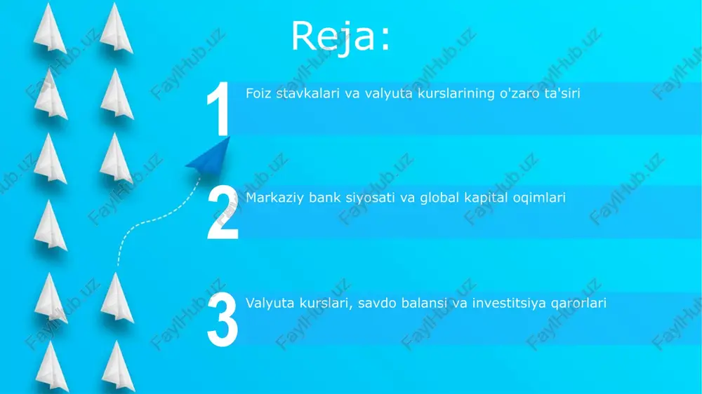 ga sarmoya kiritish orqali foyda ko'rishga harakat qiladi. inflyatsiya va foiz stavkalari yuqori inflyatsiya odatda markaziy banklarni foiz stavkalarini oshirishga undaydi, bu esa pul massasini kamaytiradi va narxlarni barqarorlashtirishga yordam beradi. bu bog'liqlik fisher tenglamasi orqali tushuntiriladi. nominal foiz stavkalari real foiz stavkasi va inflyatsiya darajasining yig'indisiga teng, shuning uchun inflyatsiya o'sishi nominal foiz stavkalarining oshishiga olib keladi, aksincha ham bo'lishi mumkin. markaziy bank siyosati start markaziy bank foiz stavkalarini o'zgartirishi mumkin, masalan, qisqa muddatli stavkalarni 0,25% ga oshirish, bu valyuta qiymatini mustahkamlash va inflyatsiyani nazorat qilish uchun qilinadi. markaziy bank majburiy zaxira talablarini o'zgartirishi mumkin, tijorat banklari depozitlarning ma'lum foizini (masalan, 5%) markaziy bankda saqlashi kerak. global kapital oqimlari global kapital oqimlari ko'pincha foiz stavkalari farqi bilan belgilanadi, yuqori foiz stavkalari daromadlarni maksimal darajaga ko'tarish uchun chet eldan kapitalni jalb qiladi. kapital oqimlari mamlakat savdo balansiga ta'sir qiladi; kapital kirishi mahalliy valyutani kuchaytirishi mumkin, bu esa eksportni qimmatlashtirib, importni …