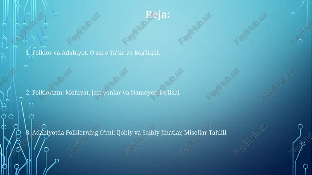 abiyotda folklor motivlari va obrazlari adabiyotda ajdarlar, devlar kabi folklor obrazlari qahramonlar xarakterini kuchaytirishda, syujetni 2 xil yo'nalishga burishda muhim rol o'ynaydi, bu esa o'quvchini qiziqtiradi. ertaklardagi sehrli buyumlar (masalan, 7 boshli ajdar) adabiy asarlarda ramziy ma'no kasb etib, yaxshilik va yomonlik o'rtasidagi kurashning 1 ko'rinishi sifatida tasvirlanadi. folklor motivlari, ayniqsa, 4 faslga oid rasm-rusumlar, adabiyotda insonning tabiat bilan 3 xil munosabatini ochib beradi va asar koloritini boyitadi. folklorizatsiya jarayoni va namoyon bo'lishi adabiyotda folklor namoyon bo'lishi 3 xil shaklda: bevosita iqtiboslar, folklor motivlarini qayta ishlash va asarlarni yaratishda xalq estetikasining 10 ta tamoyiliga rioya qilish. folklorizatsiya jarayoni adabiyotda 19-asrda kuchaydi, unda yozuvchilar xalq og'zaki ijodidan 70% gacha materiallarni o'z asarlariga integratsiya qildilar, o'ziga xoslikni ta'minladilar. folklorizatsiya jarayonida 50% gacha folklor elementlari stilizatsiya, janr xususiyatlari va obrazlar tizimida ko'rinadi, adabiy asar folklorga xos ruhni saqlab qoladi. folklorizmning ijobiy va salbiy jihatlari folklorizmni ortiqcha qo'llash, 6-muhim adabiy asarni 7-oddiy folklor namunalariga …