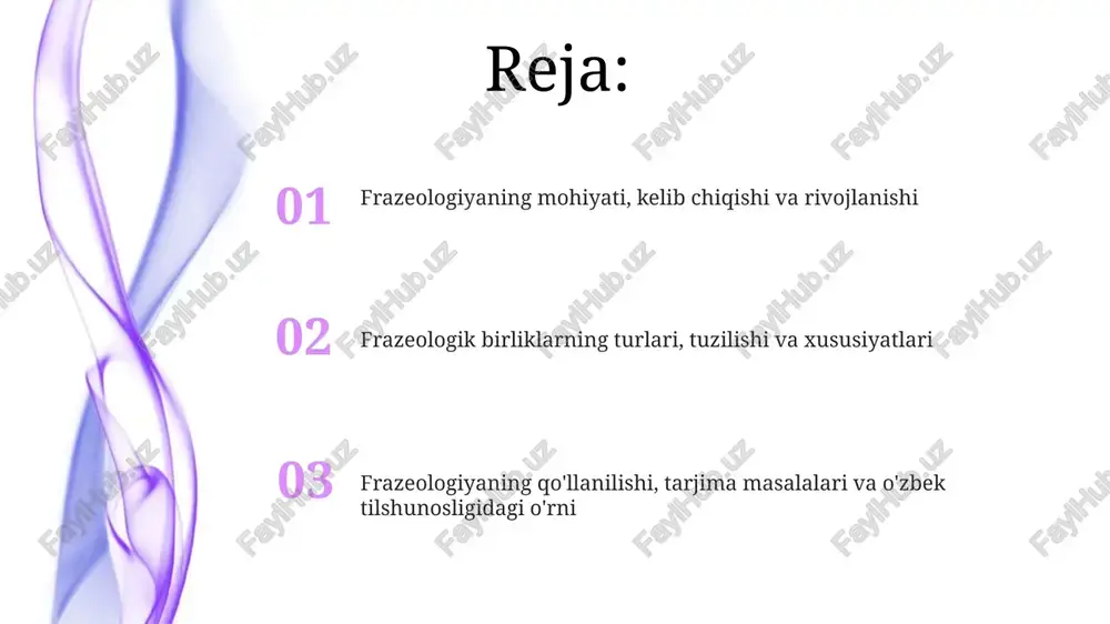 ologik birikmalar (ma'nosi qisman bog'liq), frazeologik butunliklar (ma'nosi butunlay bog'liq) va frazeologik ifodalar (maqollar, matallar). frazeologizmlarning xususiyatlari frazeologizmlar tarkibiy qismlarining o'zaro bog'liqligi yuqori bo'lib, ularni alohida so'zlar yig'indisi sifatida emas, balki yaxlit, 1 semantik birlik sifatida qabul qilish lozimdir. ko'pgina frazeologizmlar o'zining 80-90% holatlarida barqaror leksik tarkibga ega, lekin ba'zi hollarda ularning tarkibi o'zgarishi, sinonim so'zlar bilan almashishi mumkin. frazeologizmlar emotsionallik, ekspressivlik va baholash xususiyatlariga ega, nutqni jonli va ta'sirchan qilish uchun xizmat qiladi; ularning 2 yoki 3 ta ma'nosi bo'lishi mumkin. frazeologizmlarning tuzilishi frazeologik birliklar tarkibida ot, sifat, fe’l, ravish kabi turli soʻz turkumlari qatnashadi, bu esa ularning ma’no ottenkalarini boyitadi va 3 yoki 4 turli vaziyatlarni ifodalaydi. frazeologizmlarning tuzilishi, asosan, ikki yoki undan ortiq soʻzdan iborat boʻlib, 10tagacha boʻlgan komponentlar bilan bogʻlanishi mumkin, masalan, “ogʻzidan oʻt tushmoq”. frazeologik iboralar tuzilishida komponentlar oʻzaro sintaktik aloqaga kirishib, 2 xil, erkin soʻz birikmasidan farqli oʻlaroq, bir butun ma’noni anglatadi, bu esa …