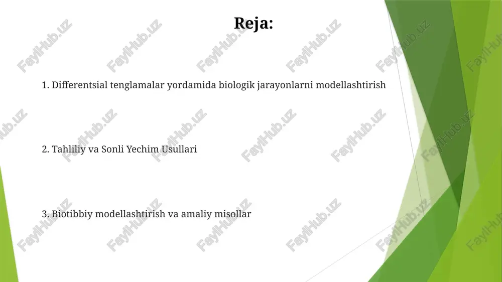 ori konsentratsiyasini (c) vaqt o'tishi bilan tasvirlaydi: dc/dt = −kc, bu yerda 'k' – yo'qolishi tezligi konstantasidir yuqumli kasalliklarning (masalan, 1 million aholi yashaydigan shahardagi gripp yoki 500 oʻquvchidan iborat maktabdagi qizamiq) tarqalishini kuzatishda sir modeli (sezgir, yuqtirilgan, sogʻaygan) kabi epidemiologik modellardan foydalaniladi. parametrlarga yuqumli tarqalish tezligi (β), tuzalish tezligi (γ) va dastlabki aholi soni kiradi saraton o'sish va davolash tenglamalarni yechish (masalan, o'zgaruvchilarni ajratish, laplas transformatsiyalari orqali) davolash strategiyasini optimallashtirishga yordam beradi matematik modellashtirish turli davolash usullarini o'rganish imkonini beradi. masalan, maqsadli terapiya (masalan, her2-musbat ko'krak bezi saratonida gerseptin) samaradorligini modelning turli a'zolari bilan ifodalangan an'anaviy kimyoterapiya bilan taqqoslash biotibbiy tasvirlash va signalni qayta ishlash fiziologik jarayonlarning (masalan, arteriyalardagi qon oqimi, to'qimalardagi diffuziya) matematik modellashtirilishi (advektsiya-diffuziya tenglamasi, reaksiya-diffuziya tenglamalari va issiqlik tenglamasi kabi) qisman differentsial tenglamalar (qdt) yordamida muhim ahamiyatga ega gemodinamika va qon oqimi to'qimalardagi kislorod tashilishi (diffuziya koeffitsienti ~2x10⁻⁵ sm²/s) uchun differentsial tenglamalarni tuzishda fiks qonuni va …