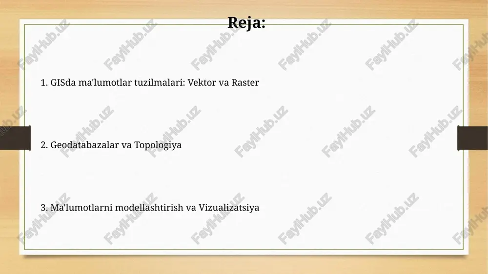 ma'lumotlarni modellashtirish: dem, tin va ob'ektga yo'naltirilgan yondashuv dem (raqamli balandlik modeli) balandlik ma'lumotlarini rasterli formatda ifodalaydi, har bir piksel er yuzasining balandligini ko'rsatadi va 2.5d modellashtirish uchun ishlatiladi. tin (uchburchakli noto'g'ri tarmoq) balandlik ma'lumotlarini uchburchak yuzalar to'plami sifatida ifodalaydi, o'zgaruvchan zichlikdagi nuqtalarni qo'llab-quvvatlaydi va 3d modellashtirish uchun mos keladi. fazoviy ma'lumotlar bazalari va tahlil modellari fazoviy ma'lumotlar bazalari geografik obyektlar uchun 2d yoki 3d geometriya, topologiya va atributlar kabi ma'lumotlarni saqlaydi va boshqaradi, bu esa samarali so'rovlarni ta'minlaydi. fazoviy tahlil modellari masofani aniqlash, hududlarni birlashtirish va 10 dan ortiq boshqa statistika usullarini qo'llash orqali fazoviy munosabatlarni tahlil qilish uchun ishlatiladi. 3d, vaqtinchalik va semantik modellar 3d modellar geometrik shakllarni, masalan, 3d binolarni yoki er relefini ifodalaydi, balandlik uchun z koordinatasini qo'shadi va murakkab vizualizatsiya va tahlilga imkon beradi. vaqtinchalik modellar vaqt o'tishi bilan o'zgaruvchan fazoviy ma'lumotlarni boshqaradi, masalan, 10 yillik ichida o'rmonlarning kesilishi va erdan foydalanish o'zgarishlari, tarixiy tendentsiyalarni …