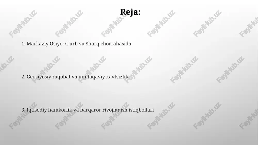 cheklashga intilmoqda, xitoy esa resurslarga kirishni kengaytirmoqda. markaziy osiyoda xavfsizlik masalalari markaziy osiyoda xavfsizlik muammolari chegaralar xavfsizligi bilan bog'liq bo'lib, unda narkotrafikning yuqori darajasi va noqonuniy migratsiya 2001-yildan beri barqarorlikka tahdid solmoqda. ekstremizm va terrorizm markaziy osiyoda dolzarb muammo bo'lib, mintaqada ishid kabi transmilliy guruhlarning faolligi va 1990-yillardan beri davom etayotgan radikalizm tendensiyalari kuzatilmoqda. iqtisodiy hamkorlik imkoniyatlari markaziy osiyo mamlakatlari "yashil iqtisodiyot"ga o'tish orqali 100 milliard dollardan ortiq investitsiya jalb qilish va qayta tiklanuvchi energetika sohasida hamkorlikni rivojlantirishi mumkin. raqamli iqtisodiyotni rivojlantirish, jumladan, elektron tijorat va it xizmatlari, mintaqaning yimni 15-20 foizga oshirishi, g'arb va sharq texnologiyalari integratsiyasini talab etadi. energiya resurslari va mintaqaviy ahamiyati markaziy osiyo katta miqdordagi neft va gaz zaxiralariga ega bo'lib, ularning jahon bozorlariga eksporti mintaqa davlatlari uchun muhim daromad manbai hisoblanadi, shu jumladan, qozog'istonning neft konlari. energiya resurslari mintaqadagi davlatlar o'rtasida hamkorlikni kuchaytiradi, lekin ayni paytda rossiya va xitoy kabi yirik davlatlar ta'sirini oshirib, siyosiy …