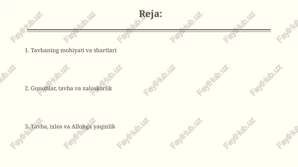 amallar bilan birga gunohlar kechirilishiga sabab bo'ladi. tavba, umid, ixlos va riyodan saqlanish tavba bilan umid o'rtasida nozik bog'liqlik bor: chin tavba allohning rahmati va mag'firatiga bo'lgan umidni kuchaytiradi, bu esa yanada ixlosli bo'lishga undaydi. riyo (ko'zbo'yamachilik) tavbaning qalbini o'ldiradi. ixlos bilan tavba qilish uchun, amallarni faqat alloh roziligi uchun qilish va shu sababli riyodan saqlanish kerak. e'tiboringiz uchun rahmat image2.png image3.jpg image4.jpg image5.jpg image6.jpg image7.jpg