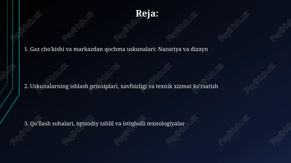 lar bilan qoplash va katodik himoya tizimlarini o'rnatish korroziya tezligini 70-80% ga kamaytiradi. ishlash, texnik xizmat ko'rsatish va nosozliklarni bartaraf etish gaz cho'ktirish uskunalarining samarali ishlashi uchun har 6 oyda bir marta filtrlarni almashtirish, bosim o'lchagichlarni kalibrlash va qochqinlarni tekshirish zarur. markazdan qochma uskunalarda vibratsiyani nazorat qilish uchun har 3 oyda podshipniklarni moylash, balansirovkani tekshirish va haroratni 90°c dan past darajada ushlab turish muhim. energiya samaradorligi, atrof-muhitga ta'siri va qo'llash sohalari gaz cho'ktirish uskunalarining energiya samaradorligi yuqori bosim ostida ishlashni optimallashtirish va 95% gacha metanni qayta tiklash orqali yaxshilanadi. markazdan qochma uskunalarning atrof-muhitga ta'siri chiqindi gazlarni kamaytirish va chiqindi suvlarini tozalash orqali minimal darajaga tushiriladi, bu esa 80% ga yaxshilanishni ta'minlaydi. iqtisodiy tahlil, optimallashtirish va yangi texnologiyalar iqtisodiy tahlil kapital xarajatlari (capex) va operatsion xarajatlarni (opex) o'z ichiga oladi, shu jumladan qurilish, materiallar, energiya sarfi va texnik xizmat ko'rsatish xarajatlari kabi omillarni hisobga olgan holda. optimallashtirish usullari gazni cho'ktirish va …
