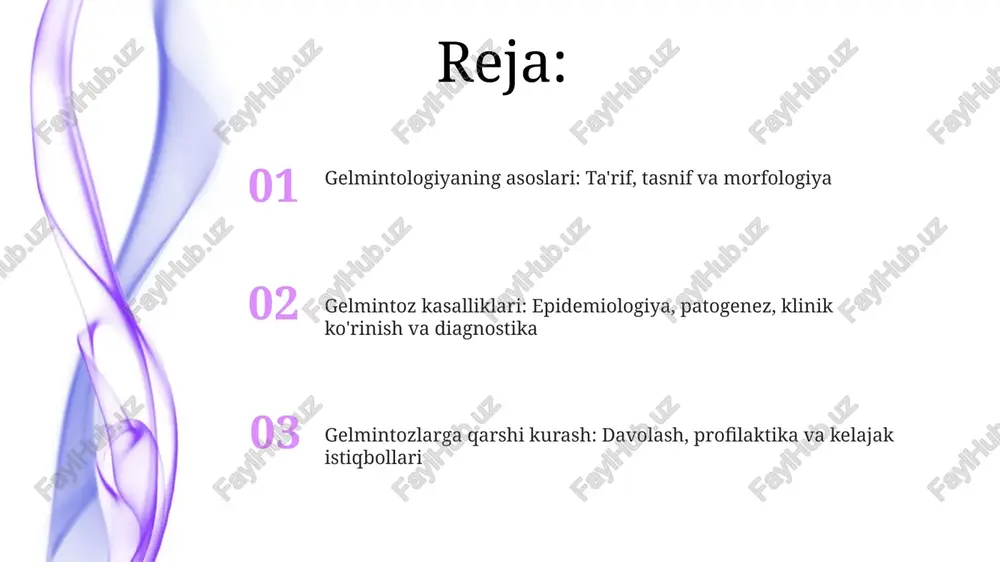 itelalarni aniqlash uchun qo'llaniladi. gelmintozlarni davolash usullari albendazol, ayniqsa kuchli ta'sirga ega bo'lib, guruhdagi gelmintlarga qarshi samarali. uni qabul qilish sxemasi odatda 400 mg dan bir marta, ovqat bilan birga, uch kun davom etadi. gelmintozlarni davolashda mebendazol kabi keng ta'sir doirasiga ega bo'lgan antihelmintiklar qo'llaniladi. odatda 100 mg dozada, kuniga ikki marta, uch kun davomida ichiladi. gelmintozlarning profilaktikasi (inson, veterinariya va o'simliklar) odamlarda gelmintozlarning oldini olish uchun shaxsiy gigiena qoidalariga rioya qilish, ovqatlanishdan oldin va hojatxonadan keyin qo'llarni sovun bilan yuvish, sabzavot va mevalarni yaxshilab yuvish muhimdir. veterinariya gelmintologiyasida parrandalar va chorva mollari uchun muntazam ravishda anthelmintik preparatlar bilan davolash, o'tloqlarni tozalash va hayvonlar uchun toza suv manbalarini ta'minlash asosiy profilaktika choralaridan biridir. gelmintologiyaning rivojlanishi, zamonaviy tadqiqotlar va kelajak istiqbollari gelmintologiya xix asrning oxirida parazitlarni o'rganishga qaratilgan fan sifatida paydo bo'ldi, zamonaviy tadqiqotlar esa molekulyar biologiya usullarini qo'llagan holda genomlarni o'rganishga qaratilgan. hozirgi kunda tadqiqotlar gelmintlarning immun javobini o'rganishga, dori …