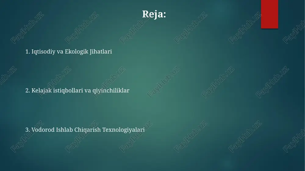 poniyadagi zavodlardagi 200-500 kvt elektrolitlar yordamida elektroliz orqali yashil vodorod suvni parchalash yo'li bilan olinadi; global quvvat 2050-yilga kelib 500 gvt ga yetishni maqsad qilgan, buning uchun katta energiya investitsiyalari (afzalroq qayta tiklanuvchi manbalar) kerak. yashil vodorodning narxi, hozirda $4-7/kg, keng qo'llanilishi uchun $1-2/kg gacha pasayishi kerak; miqyos iqtisodiyoti, elektrolizator texnologiyalarining takomillashuvi va yevropa hamda shimoliy amerika kabi hududlardagi davlat subsidiyalari narxni pasaytirish va vodorod energiyasi ishlab chiqarishning kelajagiga ta'sir etuvchi muhim omillardir. ishqorli elektroliz (iel), proton almashinuvi membranali elektroliz (pemel) va qattiq oksidli elektroliz (qoel) raqobatlashmoqda; iel 10 mvt dan yuqori quvvatda yuqori samaradorlikka ega, pemel esa kichik quvvatlarda moslashuvchan; qoel yuqori haroratlarda yuqori samaradorlikni taklif qiladi, lekin material muammolari mavjud. energetika o'tishidagi vodorodning roli 2020-yilda global vodorod ishlab chiqarish 70 million tonnadan oshdi, asosan smr texnologiyasi orqali (~80%), ammo yashil vodorod (95% dan ortiq qayta tiklanuvchi energiya orqali elektroliz yo'li bilan ishlab chiqarilgan) hali rivojlanish bosqichida vodorod (h2), …