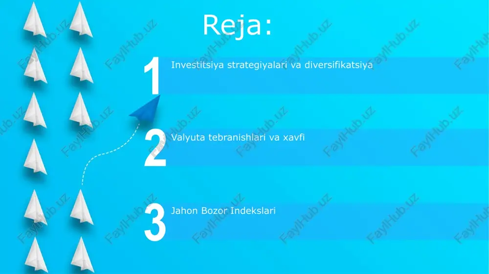 iyalar) bo'yicha diversifikatsiya xavfni kamaytirish uchun muhimdir tez rivojlanayotgan bozorlar (masalan, brics davlatlari: braziliya, rossiya, hindiston, xitoy, janubiy afrika; vetnam, indoneziya, meksika) yuqori o'sish potentsialiga ega, ammo sezilarli siyosiy va iqtisodiy xatarlarni (masalan, valyuta tebranishlari, argentinada inflyatsiya, nigeriyada siyosiy beqarorlik) ham o'z ichiga oladi xalqaro fond bozorlari (masalan, ftse 100 (london), nikkei 225 (tokio), dax (frankfurt), s&p 500 (nyu-york)) diversifikatsiya imkoniyatlarini beradi, lekin turli tartibga solish muhitlarini (masalan, aqshdagi sec, yevropadagi esma) tushunishni talab qiladi qisqa muddatli savdo start valyuta kursi tebranishlari (masalan, usd/eur, gbp/jpy) xalqaro fond bozoridagi stt daromadliligiga sezilarli ta'sir ko'rsatadi portfel tuzuv valyuta xedj strategiyasi (masalan, forvardlar, opsiyonlar) daromadga ta'sir qiluvchi valyuta kursi tebranishlarini kamaytiradi; tanlangan bozorlarga (masalan, usd/eur, usd/jpy) nisbatan tarixiy valyuta korrelyatsiyasini tahlil qiling; xedjing xarajatlarini potentsial daromad bilan solishtiring; qisman xedjing xavfni kamaytirish va daromadni optimallashtirish o'rtasidagi muvozanatni ta'minlaydi. xalqaro aktsiyalarda faktorga asoslangan investitsiyalar (masalan, qiymat, o'sish, impuls) tizimli yondashuvlarni taklif etadi; msci worldning …