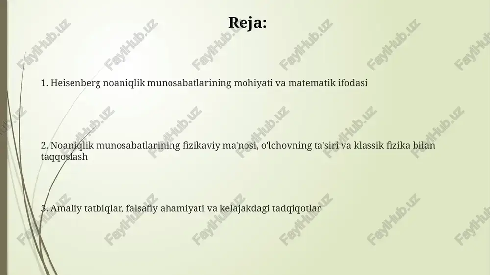 ifodalanadi. bu formula, qisqa vaqt oralig'ida energiya yanada aniqroq o'lchansa, vaqt o'zi noaniq bo'lib qolishini anglatadi. fizikaviy ma'nosi: intuitiv tushuntirish gʻayrianiqlik munosabatlari, masalan, pozitsiya va impuls uchun, bir vaqtning oʻzida 100% aniqlikda oʻlchashning fundamental chegarasini belgilab beradi, noaniqlik doimiy mavjud. agar biz zarrachaning pozitsiyasini aniqroq oʻlchasak, uning impulsi haqidagi maʼlumotimiz kamayadi va aksincha, bu oʻlchovlarning 50% aniqligiga erishish mumkin emas. gʻayrianiqlik munosabatlari nafaqat oʻlchash vositalarining cheklanishi emas, balki tabiatning asosiy xususiyati boʻlib, 1 kvant zarralarining oʻziga xos xususiyatidir. o'lchovning ta'siri: kuzatuvchining roli kuzatuvchi faqat passiv tomoshabin emas; uning ta'siri kvant tizimining xususiyatlariga 50/50 ta'sir qiladi va natijalarning ehtimollik taqsimotini 99.9% o'zgartirishi mumkin. o'lchov jarayoni kvant tizimining holatini o'zgartiradi; masalan, fotonni kuzatish uning yo'nalishini buzishi mumkin, bu esa aniq o'lchovga 100% to'sqinlik qiladi. noaniqlik printsipi o'lchov aniqligiga 0 dan 1 gacha bo'lgan chegara qo'yadi; pozitsiyani aniq o'lchash impuls haqida ma'lumotni yo'qotadi, xatolik darajasi 0.5 ga teng. klassik fizika bilan taqqoslash: farqlar …
