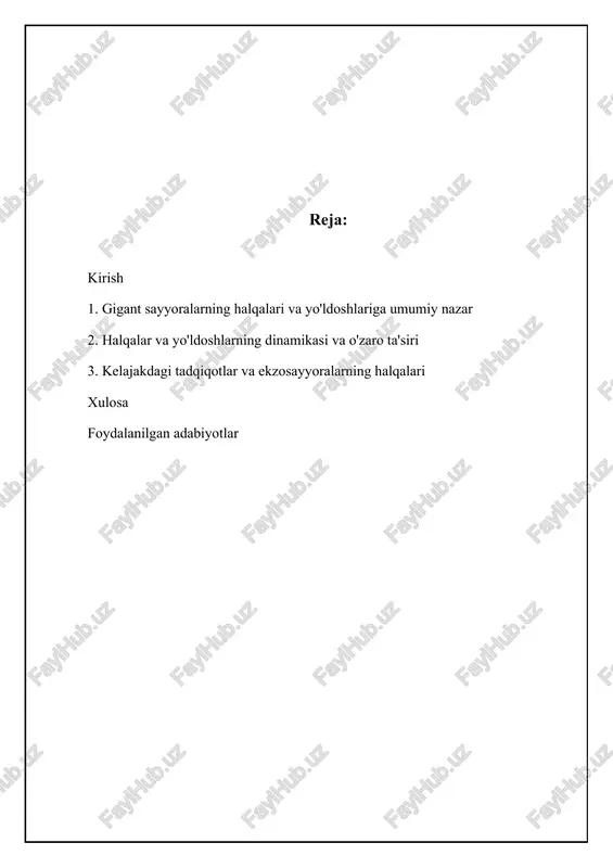 hakllanishi to'g'risidagi nazariyalarga ko'ra, ular sayyora tortishish kuchi ta'sirida parchalanib ketgan yo'ldoshlar yoki kosmik jism to'qnashuvlari natijasida hosil bo'lgan qoldiqlar bo'lishi mumkin. har bir gigant sayyoraning halqalari o'ziga xos xususiyatlarga ega. saturn halqalari eng ko'zga tashlanadigan va murakkab bo'lib, ularning tarkibida asosan muz zarralari ustunlik qiladi. uran halqalari ancha xira va torroq, ular asosan qorong'u materiallardan tashkil topgan. neptun halqalari ham xira, ammo ularning tarkibida zichlashmalar, ya'ni "g'alati" hududlar mavjud. yupiterning halqalari eng xirasi bo'lib, ularning tarkibida chang va mayda tosh zarralari mavjud. halqalarning ranglari va yorqinligi ularning tarkibi, zarralarning o'lchami va zichligiga bog'liq. 📊 gigant sayyoralarning halqalari va yo'ldoshlari haqida asosiy ma'lumotlar ushbu statistika gigant sayyoralarning halqalari va yo'ldoshlari haqidagi muhim faktlarni ko'rsatadi saturn halqalarining tarkibidagi muz ulushi 99% saturn halqalarining asosiy qismi muzdan tashkil topgan yupiterning ma'lum yo'ldoshlari soni 95 yupiter atrofida aylanib yuruvchi tasdiqlangan tabiiy yo'ldoshlar soni uran halqalarining qalinligi neptun halqalariga nisbatan 10x uran halqalari odatda …