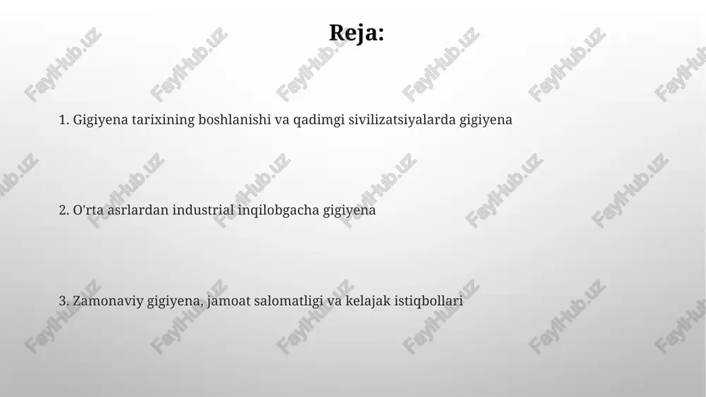 at dasturlari, sanitariya standartlari va vaksinatsiya kampaniyalarini o'z ichiga olgan holda rivojlandi. shaxsiy gigiyena amaliyotlari va turli madaniyatlardagi farqlar ba'zi madaniyatlarda, masalan, yaponiyada, hammomga kirishdan oldin tanani tozalash odatiy holdir, bu esa hammomni tozalash uchun ajratadi, boshqa joylarda esa bunday emas. ko'pgina musulmon jamiyatlarida tahorat qilish, ayniqsa, namozdan oldin qo'llarni, og'izni, burunni, yuzni, qo'llarni va oyoqlarni yuvish shaxsiy gigiyenaning muhim qismi hisoblanadi. gigiyena bo'yicha ta'lim va kasalliklarning oldini olishdagi roli gigiyena ta'limi, masalan, qo'llarni 20 soniya davomida sovun bilan yuvishni o'rgatish orqali, diareya kasalliklarini 40% gacha kamaytirishi mumkin. maktablarda gigiyena ta'limi darslari infeksion kasalliklarning tarqalishini kamaytirishga yordam beradi va jamoat salomatligini 30% gacha yaxshilaydi. gigiyenaning kelajagi: asosiy kashfiyotlar va shaxslar kelajakda genomik gigiyena 2030-yilga kelib, individual mikrobiomlarga moslashtirilgan, kasalliklarni aniq oldini olishga qaratilgan yechimlarni yaratishi mumkin. sensorlar va iot qurilmalari 2025-yilga kelib real vaqt rejimida gigiyenik holatni kuzatish, suv sifati va havo ifloslanishini monitoring qilish imkonini beradi. e'tiboringiz uchun rahmat …
