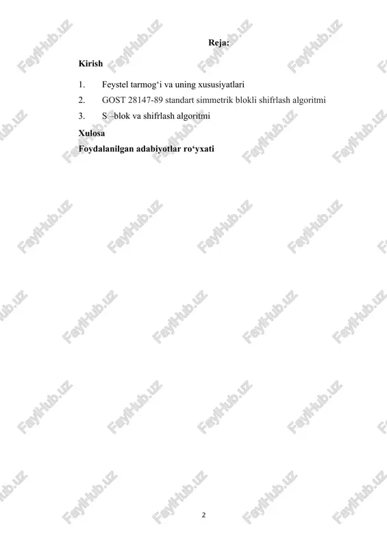 tarli darajada puxtalikka ega bo‘lishiga kafolat berishi mushkul. chunki, xorijga eksport qilinadigan dasturiy mahsulotlarda milliy standartlar qo‘llanilmaydi. bu hozirga kelib, o‘zbekiston respublikasida milliy kriptografik algoritmlarni yaratish va ularni takomillashtirish muammolarini dolzarb qilib qo‘ydi. 1. feystel tarmog‘i va uning xususiyatlari feystel tarmog‘ining qo‘llanishi ko‘pgina simmetrik blokli shifrlash algoritmlarida uchraydi. bu kriptoalgoritmlarga misol qilib feal, loci, khufu, khafre blowfish, lucifer, cast, shuningdek, des, gost 28147-89 kabi standart algoritmlarni keltirish mumkin. feystel tarmog‘i g‘oyasi quyidagicha ifodalanadi. shifrlanadigan blok ikkita l0 , r0 qismlarga ajratiladi. feystel tarmog‘i i  raundi iterativ blokli shifrlash almashtirishi quyidagi sxema bo‘yicha aniqlanadi: 2. f (ri1, ki ) ri  li 1  f (ri 1, ki ) k i ri1 li  ri 1 li1 1-rasm. feystel tarmog‘i i  raundi. bu yerda xi  li1 , ri1   i -raund uchun li1 va ri1 qismlarga ajratilgan kiruvchi ma’lumot, yi  li , ri  esa x …