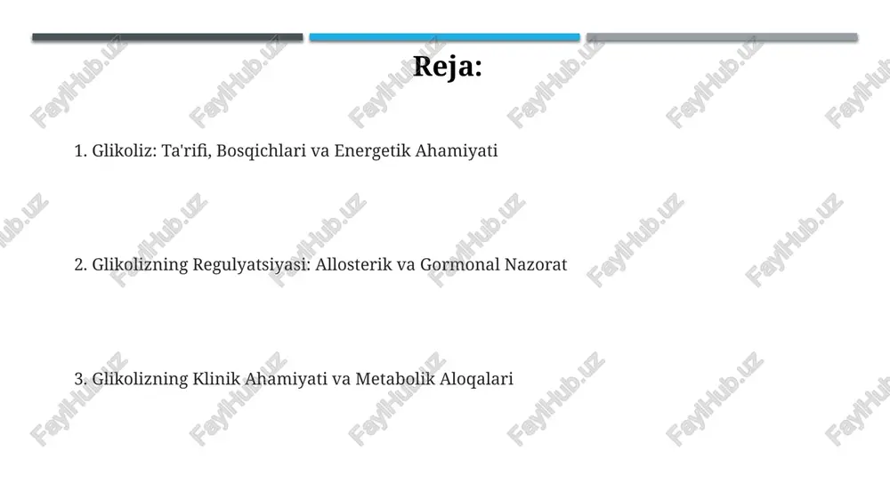 adi. geksokinaza glyukoza-6-fosfat (mahsulot) bilan allosterik tarzda inhibe qilinadi; ortiqcha miqdorda, glyukoza-6-fosfat fermentga bog'lanib, glikolizni sekinlashtiradi. glikolizning aerob va anaerob sharoitlardagi ahamiyati va yo'llari aerob sharoitda glikoliz piruvatni hosil qiladi, bu mitoxondriyaga kirib krebs sikliga o'tadi, natijada ko'proq 30-32 atp energiyasi hosil bo'ladi. anaerob sharoitda glikoliz laktat fermentatsiyasiga olib keladi, 2 atp hosil bo'ladi. bu mashq paytida va kislorod yetishmagan vaziyatlarda tez energiya manbai hisoblanadi. aerob glikolizning oxirgi mahsuloti piruvat bo'lsa, anaerobda laktat hosil bo'ladi. aerobda nad+ tiklanishi o2 ishtirokida, anaerobda laktatdegidrogenaza orqali amalga oshiriladi. glikolizning klinik ahamiyati va metabolik yo'llar bilan bog'liqligi diabetda insulin sekretsiyasining buzilishi glikolizning regulyatsiyasiga ta'sir qiladi. giperglikemiya glyukozaning metabolizmga kirishini buzadi, bu esa 3-fosfogliseratning to'planishiga olib keladi. rak hujayralari energiyani ishlab chiqarish uchun glikolizga haddan tashqari tayanadi, bu hodisa "warburg effekti" deb ataladi va 200 barobar yuqori glikoliz tezligini keltirib chiqaradi. glikoliz glyukoneogenez va krebs sikli kabi metabolik yo'llar bilan chambarchas bog'liqdir. masalan, piruvat glikolizning …