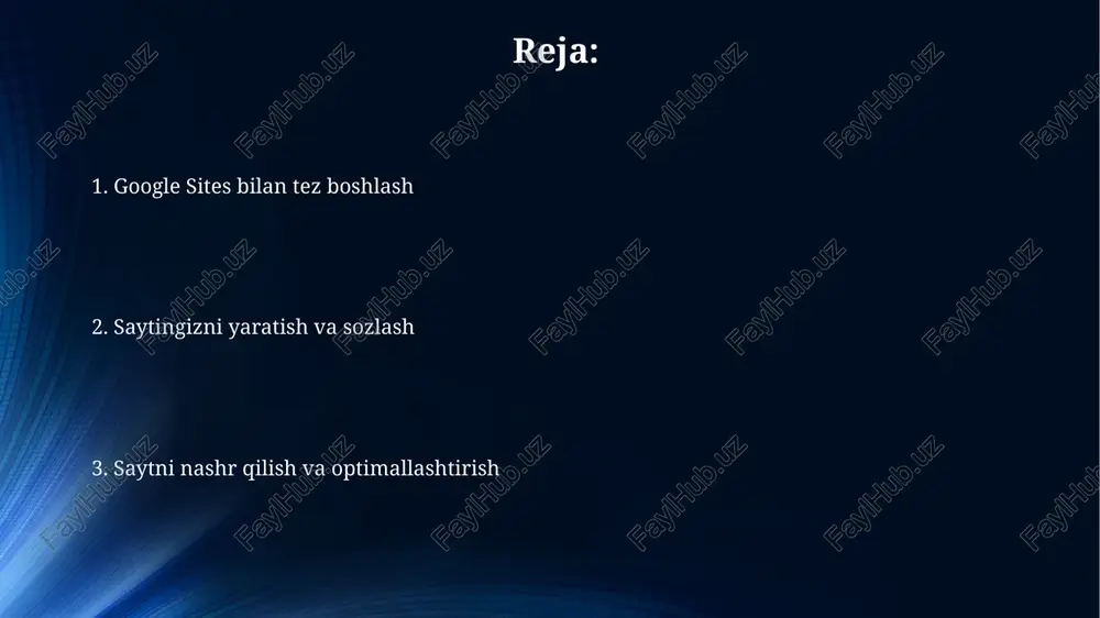 ek qoʻshimcha sahifalar, masalan, «biz haqimizda», «aloqa» va «blog». sahifalar soni saytning maqsadiga qarab farq qilishi mumkin. kontent qo'shish: matn, rasmlar, videolar va hujjatlar matnni kiritishda 6 xil shrift o'lchamidan foydalanishingiz va sarlavhalarni h1 dan h6 gacha belgilashingiz mumkin, bu sahifani tushunarli qiladi. rasmlarni joylashtirishda ularni google drive'dan olish, url bo'yicha qo'shish yoki kompyuterdan yuklash imkoniyati mavjud. optimal hajmni unutmang! videolarni youtube'dan yoki google drive'dan qo'shish mumkin. 1280x720 (720p) yoki 1920x1080 (1080p) kabi sifatli formatlardan foydalaning. dizaynni sozlash: mavzular, ranglar, shriftlar ranglar sozlamalari rang sxemasini oʻzgartirish imkonini beradi, u 6 ta asosiy ranglardan foydalanadi va bu ranglarni brendingizga moslashtirish uchun tanlashingiz mumkin. google sites-da mavzularning oldindan belgilangan turli xilligi mavjud boʻlib, ular ranglar palitralari va shriftlarning kombinatsiyalarini oʻz ichiga oladi, saytingizga tezda vizual uslub beradi. google sites shuningdek, saytingizning turli qismlari uchun 3 ta asosiy shrift variantini tanlash imkonini beradi va bu matnning oʻqilishini va vizual uygʻunligini yaxshilashga yordam beradi. …