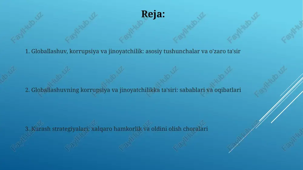 udjetga zarar yetadi. globallashuvning jinoyatchilikka ta'siri globallashuv chegara bilmas elektron tijorat va moliyaviy operatsiyalarni kengaytirib, kiberjinoyatchilikning 30% ga o'sishiga sabab bo'ldi, bu esa global moliyaviy yo'qotishlarga olib keldi. globallashuvdagi tezkor transport va aloqa imkoniyatlari narkotik moddalar savdosini 25% ga oshirib, transmilliy uyushgan jinoyatchilik guruhlarining faoliyatini kuchaytirdi. korrupsiya va transmilliy jinoyatchilik aloqalari korrupsiyaning 10% dan ortig'i transmilliy jinoyatchilik guruhlari tomonidan o'z faoliyatini yashirish va kengaytirish uchun ishlatiladi, bu global miqyosdagi jinoiy daromadlarni ko'paytiradi. korrupsiyaga oid holatlarning 65 foizi transmilliy tashkil etilgan jinoiy guruhlarning giyohvand moddalar savdosi, odam savdosi va qurol-yarog' savdosi kabi faoliyatlarida yordam beradi. huquqni muhofaza qilish organlarining hamkorligi huquqni muhofaza qilish organlarining hamkorligi interpol kabi tashkilotlar orqali amalga oshiriladi, ular 194 a'zo davlat bilan transmilliy jinoyatchilikka qarshi ma'lumot almashish platformasini taqdim etadi. ekstraditsiya shartnomalari huquqni muhofaza qilish idoralari o'rtasidagi hamkorlikning muhim shaklidir, bu esa gumonlanuvchilarni bir davlatdan boshqasiga jinoiy javobgarlikka tortish uchun topshirish imkonini beradi. xalqaro tashkilotlarning roli interpol …