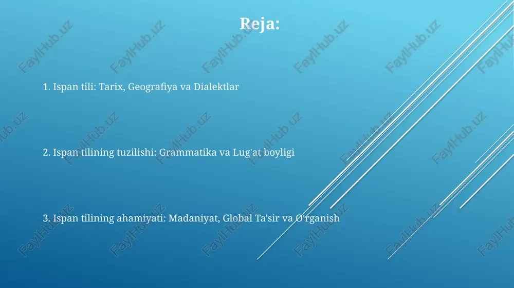 g kelib chiqishini ko'rsatadi. ispan tilini o'rganish: usullar va manfaatlar ispan tilini o'rganish uchun immersion dasturlari va 1-on-1 darslar kabi usullar mavjud, ularning har biri til ko'nikmalarini sezilarli darajada yaxshilashga qaratilgan. ispan tilini bilish 20 dan ortiq mamlakatda ishlash va sayohat qilish imkoniyatini ochadi, madaniyatlararo tushunishni rivojlantiradi va global ko'nikmalarni oshiradi. ispan tilini o'rganish kognitiv afzalliklarga ega, xotirani mustahkamlaydi, muammolarni yechish qobiliyatini yaxshilaydi va miyani 7-8 yilgacha qarishini sekinlashtirishi mumkin. ispan tilining global ahamiyati va tarqalishi ispan tili birlashgan millatlar tashkiloti (bmt) va yevropa ittifoqi (ei) kabi muhim xalqaro tashkilotlarda rasmiy til hisoblanadi va ulkan diplomatik ahamiyatga ega. ispan tili 20 dan ortiq davlatda rasmiy til boʻlib, 500 milliondan ortiq ona tilida soʻzlashuvchilar soni boʻyicha dunyoda ikkinchi oʻrinda turadi. ispan tilining iqtisodiy ahamiyati tobora ortib bormoqda, xususan, lotin amerikasi bozori bilan aloqalar uchun zarur, aqshda 41 milliondan ortiq ispan tilida so'zlashuvchilar bor. ispan tili: rasmiy til bo'lgan davlatlar va so'zlashuvchilar …