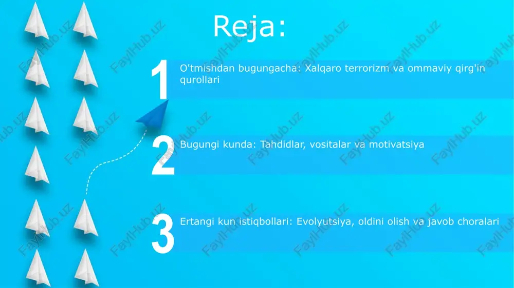 shtiriladi, ularning taxminan 30% i noqonuniy faoliyatdan, jumladan, giyohvand moddalar savdosi va odam o'g'irlashdan olinadi. davlatlarning roli va xalqaro hamkorlikdagi antiterror choralari davlatlar razvedka ma'lumotlarini almashish, transchegaraviy operatsiyalarni muvofiqlashtirish va terrorchilik guruhlarini moliyalashtirishga qarshi kurashish uchun 1949-yildagi jeneva konventsiyalari kabi xalqaro shartnomalarga rioya etadi. global counterterrorism forum (gctf) kabi tashkilotlar davlatlarga terrorizmga qarshi kurashish strategiyalarini ishlab chiqishda yordam beradi hamda, bmtning 1373-sonli rezolyutsiyasi a'zo davlatlardan bu borada qat'iy choralar ko'rishni talab qiladi. kiberterrorizm va ommaviy qirg'in qurollari: yangi tahdidlar start kiberterrorchilar atom elektr stantsiyalari kabi muhim infratuzilma obyektlariga kirib, oqk materiallari yoki texnologiyalarining o'g'irlanishiga olib kelishi mumkin, bu esa tahdidning kuchayishiga olib keladi. 2024-yilga kelib, sun'iy intellekt va mashinali o'rganishdan foydalanish terrorchilarning oqk yaratishga oid tadqiqotlarni tezlashtirishi mumkin, bu esa tezroq xavfni aniqlashni talab qiladi. kelajakdagi istiqbollar: profilaktika va javob choralari kelajakda 2030 yilgacha biotexnologik profilaktika choralari genomni tahrirlash texnologiyalarini nazorat qilish va patogenlarning sun'iy sintezini tartibga solishni o'z ichiga …