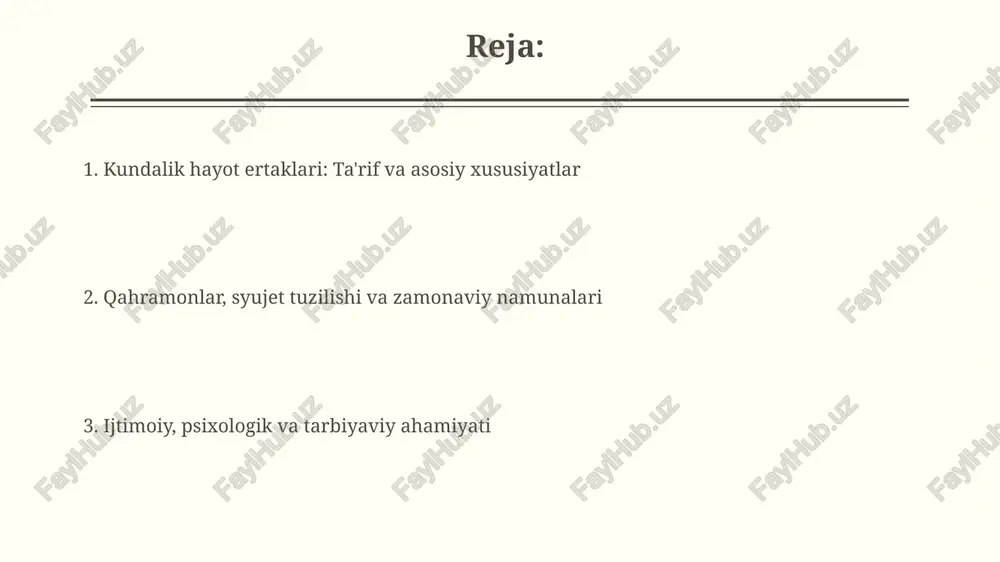 daniyat va shaxsiy o'sish o'rtasidagi 3.0 versiyadagi ziddiyatni aks ettiradi, bu yerda “muvaffaqiyat” pul bilan emas, balki ma’no bilan o’lchanadi. ijtimoiy ahamiyati: jamiyatga ta'siri kundalik hayot ertaklari o'zbek jamiyatida odamlarning 65%ida insoniy qadriyatlarni mustahkamlash orqali ijobiy axloqiy me'yorlarni singdirishga xizmat qiladi. ushbu ertaklar oilaviy munosabatlardagi rol modellari va 80% hollarda ijtimoiy adolat, mehnatsevarlik, hamjihatlik kabi muhim mavzularni o'z ichiga oladi. psixologik ta'siri: inson ruhiyatiga ta'siri ertaklardagi konfliktlar va qiyinchiliklar shaxsning 1) empatiya darajasini oshirishi mumkin, chunki tinglovchilar qahramonlarning his-tuyg'ularini boshidan kechiradi va 2) muammolarni hal qilish ko'nikmalarini rivojlantiradi. ertaklar shaxsda 3) xavfsizlik va ishonch hissini uyg'otadi, ayniqsa, ertaklarda yaxshilik yomonlik ustidan g'alaba qozonganida, bu bolalarning o'ziga bo'lgan ishonchini oshiradi va xavotirlarini kamaytiradi. tarbiyaviy roli: yaxshilikka undash «kundalik hayot ertaklari» doimo bolalarga 10 dan ortiq yaxshi fazilatlarni o'rgatadi, jumladan, mehribonlik, halollik va boshqalarni, bu esa ularning shaxsiy rivojlanishiga yordam beradi. ushbu hikoyalar 7 yoshdan 12 yoshgacha bo'lgan bolalarda empatiyani rivojlantirishda 80% …