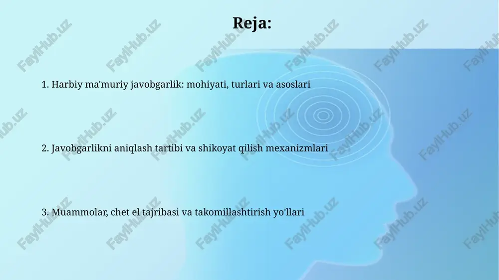 diy javobgarlik harbiy mulkka yetkazilgan zararni qoplashni nazarda tutadi, bunda yetkazilgan zarar miqdori 50 minimal ish haqidan oshmasligi kerak. ziyonni aniqlashda bozor narxlari asos qilib olinadi. jinoiy javobgarlik harbiy xizmatchining og‘ir jinoyatlari uchun qo‘llaniladi, masalan, o‘g‘irlik (o‘zbekiston respublikasi jinoyat kodeksining 169-moddasi), pora olish (210-modda) va harbiy jinoyatlar (287-297-moddalar). shikoyatlar, apellyatsiyalar va nazorat mexanizmlari harbiy xizmatchilarning shikoyatlari yuqori turuvchi mansabdor shaxslar yoki harbiy boshqaruv organlariga 30 kun ichida berilishi mumkin, apellyatsiya esa sud tartibida amalga oshiriladi. ichki nazorat mexanizmlari rejali tekshiruvlar, auditlar va tasdiqlangan qoidalarga rioya etilishini kuzatish orqali harbiy intizomni mustahkamlaydi hamda qonunbuzarliklarni aniqlaydi. chet el tajribasi, muammolar, yechimlar va takomillashtirish aqshda, masalan, harbiy xizmatchilarning xatti-harakatlari uchun javobgarlikni aniqlashda 'due process' tamoyili muhim ahamiyatga ega, bu esa 5-tuzatish bilan kafolatlanadi. harbiy ma'muriy javobgarlik sohasidagi asosiy muammolardan biri shaffoflikning yetishmasligi, bu esa 100 dan ortiq holatlarda adolatli tekshiruvlarni qiyinlashtiradi. e'tiboringiz uchun rahmat image2.jpg image3.jpg image4.jpg image5.jpg image6.jpg image7.jpg image1.png