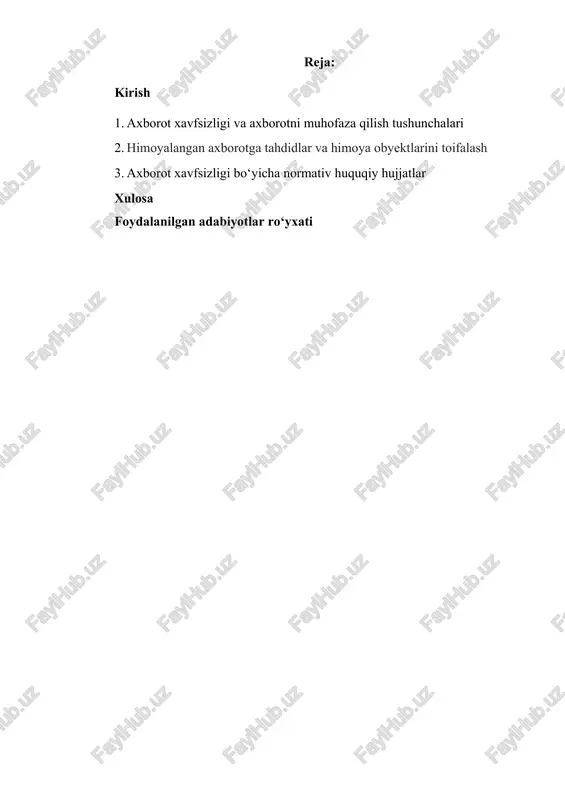 ohasidagi davlat siyosati axborot resurslari, axborot texnologiyalari va axborot tizimlarini rivojlantirish hamda takomillashtirishning zamonaviy jahon tamoyillarini hisobga olgan holda milliy axborot tizimini yaratishga qaratilgan1. o‘zbekiston respublikasining birinchi prezidenti islom karimov bugungi kunda jamiyat taraqqiyotida axborot texnologiyalarining aha- miyatiga to‘xtalib, quyidagilarni ta’kidlagan: «bugungi sharoitda, internet va elektronika davrida iqtisodiyot tarmoqlarida zamonaviy axborot-kom- munikatsiya texnologiyalarini keng joriy etish, «elektron hukumat» tizimi faoliyatini yanada rivojlantirish ustuvor ahamiyatga egadir. 1. axborot xavfsizligi va axborotni muhofaza qilish tushunchalari axborot xavfsizligi – ko‘p qirrali faoliyat sohasi bo‘lib, unga faqat tizimli, kompleks yondashuv muvaffaqiyat keltirishi mumkin. ushbu muammoni hal etish uchun huquqiy, ma’muriy, protsedurali va dasturiy- texnik choralar qo‘llaniladi. davlatning axborot xavfsizligini ta’minlash muammosi milliy xavf- sizlikni ta’minlashning asosiy va ajralmas qismi bo‘lib, axborotni muhofaza qilish esa davlatning birlamchi masalalariga, davlat siyosati darajasiga aylanmoqda. axborot xavfsizligining milliy xavfsizlik tizimidagi o‘rni. xxi asrda shaxs, jamiyat va davlat taraqqiyotida axborot resurslari va texnologiya- larining rolini ortishi natijasida o‘zbekiston respublikasida …