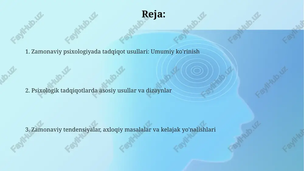 rvyular yuqori ishonchlilikni ta'minlaydi, lekin moslashuvchanlikni cheklaydi, nostrukturaviy intervyular esa boy ma'lumotlarni taqdim etadi, lekin 2 nafar baholovchining kelishuviga (inter-rater reliability) muhtoj bo'ladi. korrelyatsion tadqiqotlar korrelyatsion tadqiqotlar ikki oʻzgaruvchi oʻrtasidagi statistik bogʻliqlikni aniqlaydi, lekin sabab-oqibat aloqasini isbotlamaydi; korrelyatsiya koeffitsienti -1 dan +1 gacha boʻlgan qiymatga ega. ular o'zgaruvchilar o'rtasida qanday aloqa borligini o'rganadi, masalan, televizor ko'rish va baholar o'rtasidagi bog'liqlikni o'rganish; tadqiqotchilar sabab-oqibat natijasini chiqarmaydi. korrelyatsion tadqiqotlar katta ma'lumotlar to'plamlarini tezkor baholashga imkon beradi; masalan, 1000 ishtirokchining depressiya va ijtimoiy media foydalanishi o'rtasidagi bog'liqlikni aniqlashga yordam beradi. eksperimental tadqiqotlar tasodifiy tanlash va tayinlash eksperimental tadqiqotlarda guruhlar orasidagi oldindan mavjud bo'lgan farqlarni minimallashtirish va natijalarni aniqroq bo'lishini ta'minlash uchun juda muhimdir. eksperimental tadqiqotlar mustaqil o'zgaruvchini manipulyatsiya qilish va qaram o'zgaruvchiga ta'sirini o'lchash orqali sabab-oqibat aloqalarini aniqlashga qaratilgan. kamida bitta nazorat guruhi ishlatiladi. eksperimental tadqiqotlarning kuchliligi shundaki, ular sababiy xulosalarni chiqarishga imkon beradi; biroq, sun'iy laboratoriya sharoitlari tashqi haqiqiylikni cheklashi mumkin. rivojlanish …