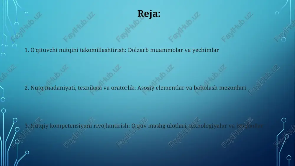 litik, baholovchi) foydalanish talab etiladi. nutqni takomillashtirish usullari va texnologiyalari video yozuv va tahlil dasturlari orqali nutqni takomillashtirish, masalan, 'praat' dasturi, ovoz balandligi va tezligini aniqlashga, 5-10 daqiqalik lavhalarni tahlil qilib, tuzatishlarga imkon beradi. mobil ilovalardan foydalanish, jumladan, 'voice training' dasturi, nafas olish mashqlari, diksiya va intonatsiyani rivojlantirishga yordam beradi; kuniga 15-20 daqiqa mashq qilish tavsiya etiladi. oliy ta'limda o'qituvchi nutqini rivojlantirish dasturlari oliy ta’lim dasturlari 3-kurs talabalariga moʻljallangan “nutq madaniyati va notiqlik san’ati” kursini oʻz ichiga oladi, unda nutq texnikasi va auditoriya bilan ishlash usullari oʻrgatiladi. universitetlar o'qituvchilar uchun “interaktiv ta’limda nutqning ahamiyati” nomli 2 haftalik malaka oshirish treninglarini tashkil etadi, bunda 50 dan ortiq ishtirokchi qatnashadi. muammolar, yechimlar va kelajak istiqbollari muammo: o'qituvchilarning 25% dan ortig'ida nutq texnikasi bo'yicha yetarli bilim yo'qligi sababli, ta'lim sifati pasayadi. yechim: muntazam treninglar va malaka oshirish kurslari tashkil etish. kelajak istiqboli: 2030 yilga borib, sun'iy intellekt yordamida nutqni tahlil qilish dasturlari orqali …