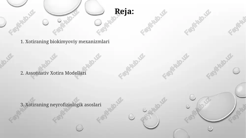 iga bog'liqligini ta'kidlaydi xotira mustahkamlash (hippocampusga bog'liq dastlabki kodlash va neokorteksdagi saqlash kabi ko'p bosqichli jarayon) amigdala (emotsional xotira) va prefrontal korteks (ishchi xotira) kabi miya sohalarida sinaptik plastika (ltp/ltd) ni o'z ichiga oladi xotiraning neyrofiziologik asoslari xotiraning biokimyoviy mexanizmlari xotira haqida kirish uzoq muddatli potensiallanish (ump) hipokampusdagi (ca1, ca3 hududlaridagi) sinaptik aloqalarni mustahkamlaydi; hebb ta'limi ("birga o'tkazilgan neyronlar, birga ulanadi"); amigdala hissiy xotiraning mustahkamlanishida rol o'ynaydi. biokimyoviy jarayonlar oqsil sintezini, gen ekspressiyasini o'z ichiga oladi; altsgeymer kasalligi xotiraga ta'sir qiluvchi xolinergik sistemasiga ta'sir qiladi; miyaning turli sohalari (kichik miya, prefrontal korteks) mos ravishda protsedural, ishchi xotiraga hissa qo'shadi. xotira kodlash, saqlash, qayta chaqirishni o'z ichiga oladi; hipokampal formatsiya muhim (3 asosiy bosqich: sensorli, qisqa muddatli, uzoq muddatli); atsetilxolin, glyutamat kabi neyrotransmitterlar sinaptik plastisitlik uchun muhim. e'tiboringiz uchun rahmat @taqdimot_robot image1.png image2.png image3.png