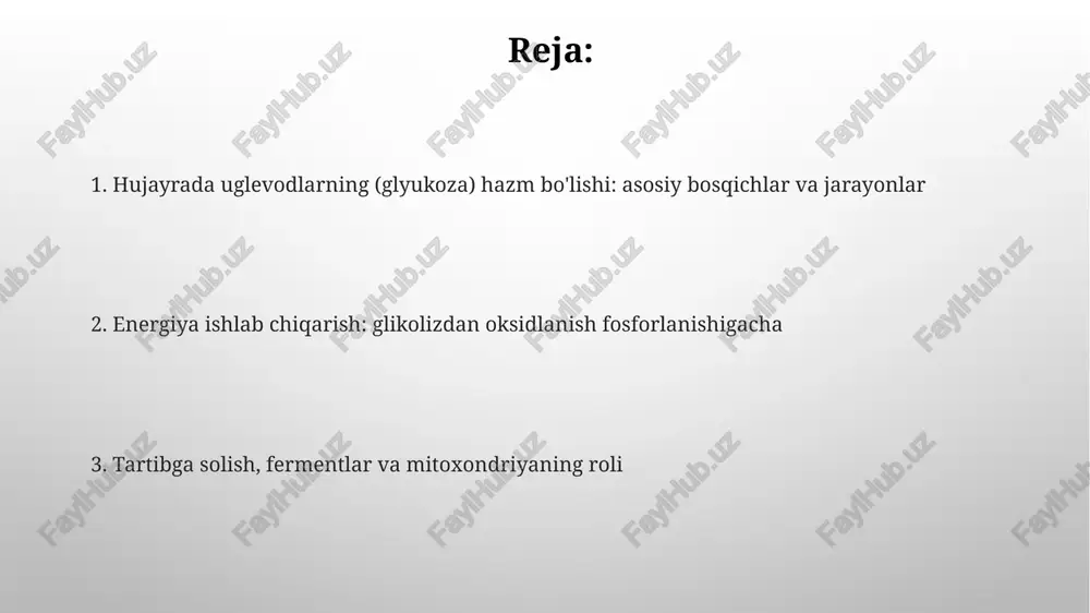 itoxondriyada oksidlash orqali katta miqdorda energiya olinishini ko'rsatadi. uglevod metabolizmining tartibga solinishi glikolizning asosiy regulyator fermenti fosfofruktokinaz-1 (pfk-1) bo'lib, atp va sitrat orqali allosterik ravishda inhibe qilinadi, bu esa yuqori energiya holatini ko'rsatadi, amp esa uni faollashtiradi. piruat dehidrogenaza kompleksi (pdk), piruvatni asetil-koa ga aylantiradigan ferment, atp, asetil-koa va nadh orqali fosforlanish orqali inhibe qilinadi, insulinga javoban esa faollashtiriladi. fermentlar va hujayra ichidagi transport glikolizda qatnashuvchi fermentlar, masalan, fosfofruktokinaza (pfk-1), hujayra ichidagi transportga bog'liq. pfk-1 allosterik ferment bo'lib, uning faolligi atp va amp nisbati bilan tartibga solinadi. mitoxondriyalarda joylashgan piruvat degidrogenaza kompleksi (pdh) piruvatni asetil-koa ga aylantiradi. bu ferment kompleksi sitozoldan mitoxondriyaga transportlanishni talab qiladi. mitoxondriyaning roli va anaerobik metabolizm mitoxondriyalar aerobik metabolizmning asosiy markazi bo'lib, piruvat oksidlanishi, krebs sikli va elektron transport zanjirining 34 atp gacha bo'lgan qismini amalga oshiradi. anaerobik metabolizm, mitoxondriya ishtirokisiz, glikoliz orqali atigi 2 atp ishlab chiqaradi va piruvatni laktatga aylantirib, kislorod tanqisligida energiya beradi. …