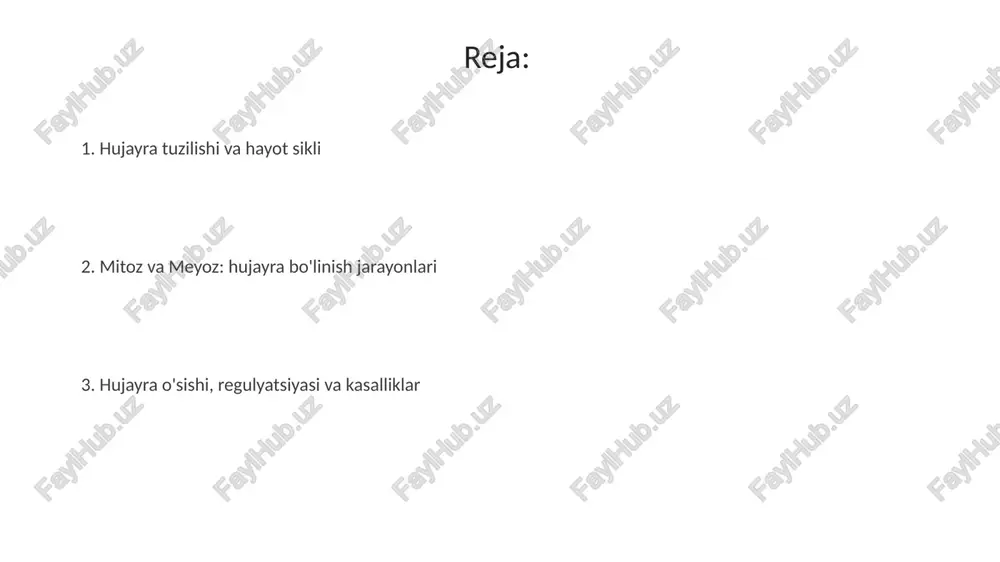 iya va apoptosis hujayra o'sishi g1 sikl bosqichida sodir bo'ladi, bunda hujayra hajmi kattalashadi, organellalar soni ko'payadi va dnk replikatsiyasiga tayyorgarlik ko'riladi, bu jarayon o'sish omillari ta'sirida amalga oshiriladi. differentsiatsiya jarayonida hujayra 200 dan ortiq turli xil to'qimalar hosil qilish uchun ixtisoslashadi; bu jarayon transkripsiya omillari va signal uzatish yo'llari orqali gen ekspressiyasini boshqarishni o'z ichiga oladi. saraton va hujayra siklini regulyatsiya qilish saraton hujayralari hujayra siklini regulyatsiya qiluvchi nazorat nuqtalaridan o'tib, bo'linishni cheklaydigan g'ayritabiiy o'sishga olib keladi. bu o'zgarish ko'pincha siklinlar va cdklar kabi oqsillar mutatsiyasi bilan bog'liq. saraton hujayralari ko'pincha hujayra siklini to'xtatish uchun zarur bo'lgan apoptozni chetlab o'tadi. bu hujayralar dnk shikastlangan bo'lsa ham, o'sishda davom etishiga imkon beradi va o'simtalarni shakllantiradi. e'tiboringiz uchun rahmat image3.png image4.jpg image5.jpg image6.jpg image7.jpg image8.jpg image9.jpg image1.jpeg image2.jpeg
