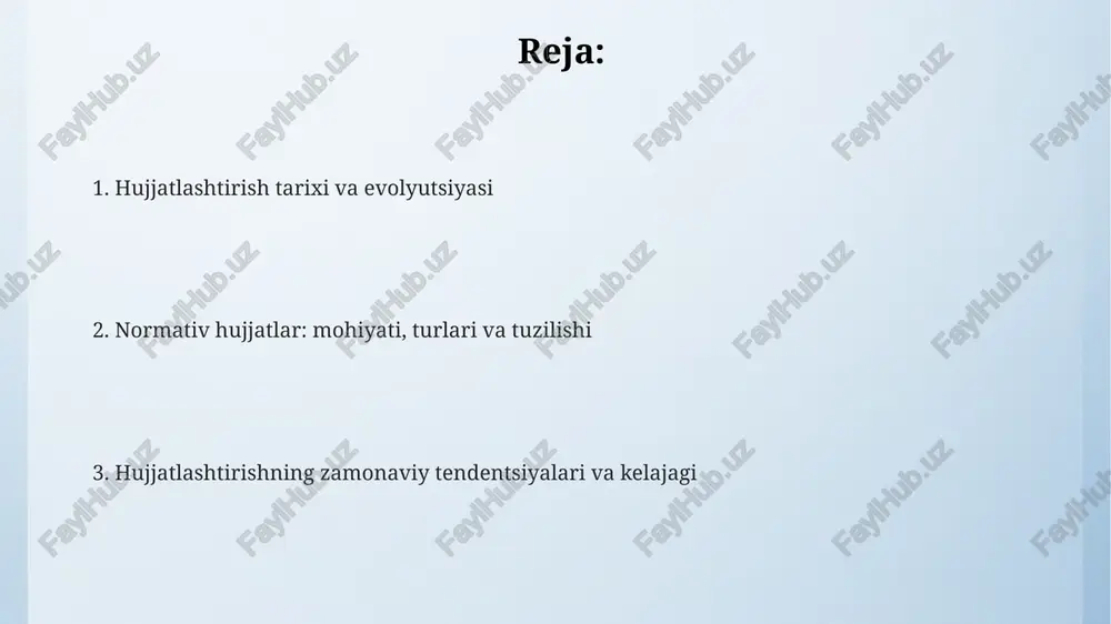 si konstitutsiya va qonunlardan kelib chiqadi. har bir hujjat yuqori turuvchi qonun hujjatlariga zid bo'lmasligi kerak (o'zr konstitutsiyasi, 15-modda). hujjatlashtirishning kelajagi va standartlari kelajakda hujjatlashtirish sun'iy intellekt (si) va mashina o'rganish (mo) yordamida avtomatlashtiriladi, bu esa 90% gacha xatolarni kamaytiradi. blokcheyn texnologiyasi hujjatlarning xavfsizligini ta'minlaydi, standartlar esa iso 27001 kabi xalqaro talablarga muvofiq 100% autentifikatsiyani kafolatlaydi. hujjatlashtirish standartlari 4.0 sanoatining talablariga moslashadi, bu esa raqamli transformatsiya jarayonida 80% gacha samaradorlikni oshiradi. e'tiboringiz uchun rahmat image4.png image1.jpeg