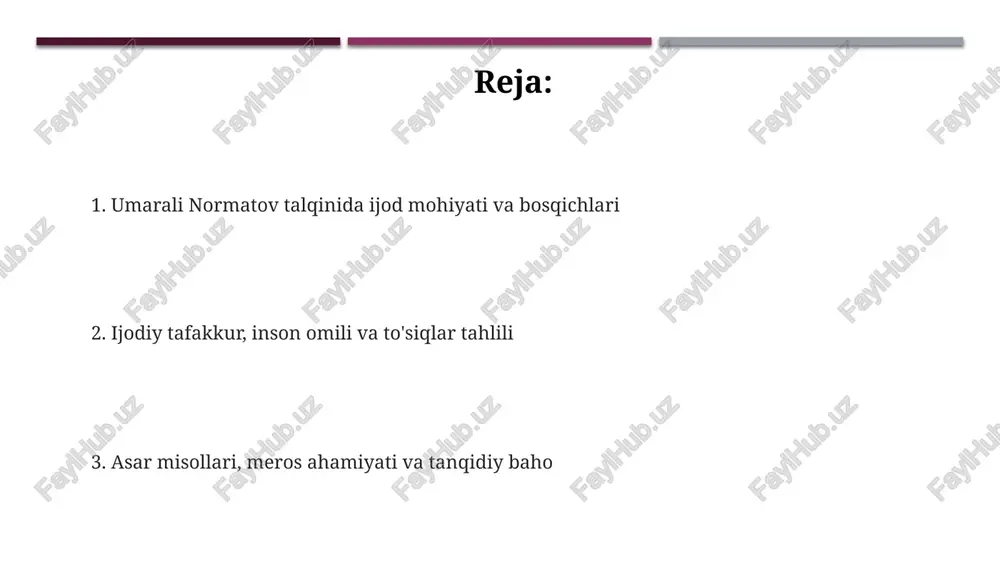 rajasi va hissiyoti uning ishlariga 70% gacha ta'sir ko'rsatadi, bu esa asarning o'ziga xosligini belgilaydi. ijodkorning intellektual qobiliyati (iq) va hissiy intellekti (eq) o'rtasidagi muvozanat 65% ijodiy mahsuldorlikni oshiradi, bu esa yangi g'oyalarni shakllantirishga yordam beradi. normatov ijodkor shaxsida 5 ta asosiy sifatni ajratib ko'rsatadi: qiziquvchanlik, tasavvur, tavakkal qilish, sabr-toqat va mustaqillik, ularning har biri ijodiy jarayonda muhim rol o'ynaydi. ijodiy tafakkurning o'ziga xos xususiyatlari divergent tafakkur, ya'ni bir muammoga 20 dan ortiq yechim topish qobiliyati ijodiy tafakkurning asosi. bu xususiyat turli nuqtai nazarlarni ko'rish imkonini beradi. ijodiy tafakkur noaniqlikka bardosh beradi, 100 foizlik ishonch bo'lmasa ham, yangi g'oyalarni sinab ko'rishga tayyor turadi. bu xususiyat ijodkorga yangilik yaratishda yordam beradi. ijodiy tafakkur o'z-o'zini tanqid qilishni o'z ichiga oladi, lekin haddan tashqari emas. 70 foiz ijod, 30 foiz tanqid muvozanati yangi g'oyalarni shakllantirishda muhim ahamiyatga ega. ijodiy faoliyatga to'siqlar va yechimlar rutin va zerikish ijodiy qobiliyatni susaytiradi. yangi g'oyalar manbalarini izlash, …