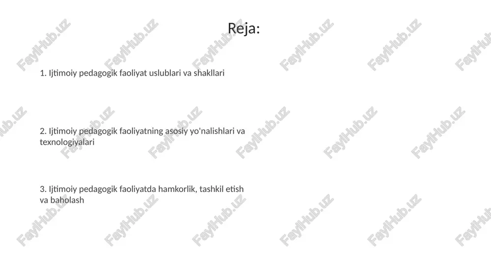oydalanadi. ijtimoiy pedagogik faoliyatni tashkil etish, baholash va hamkorlik ijtimoiy pedagogik faoliyatni tashkil etishda resurslarni (moliyaviy, insoniy) aniqlash va ulardan optimal foydalanish, shuningdek, 3 bosqichli rejalashtirish muhim ahamiyatga ega. baholash jarayonida pedagogik kuzatuv, suhbat, testlar va hujjatlarni tahlil qilish orqali erishilgan natijalarni aniqlash, kamchiliklarni 2 turdagi tuzatish choralari orqali bartaraf etish lozim. ijtimoiy pedagogik faoliyatda axloqiy masalalar, innovatsiyalar va istiqbollar ijtimoiy pedagogik faoliyatda shaxsiy daxlsizlikni himoya qilish axloqiy jihatdan muhim. o'smirlar bilan ishlashda 18 yoshgacha bo'lgan bolalarning ruxsatisiz ma'lumot tarqatish taqiqlanadi. ijtimoiy pedagogik faoliyat innovatsiyalari orasida raqamli texnologiyalar muhim. onlayn ta'lim platformalari orqali 24/7 rejimda yordam ko'rsatish imkoniyati mavjud. e'tiboringiz uchun rahmat image3.jpg image1.jpeg image2.jpeg kids building things