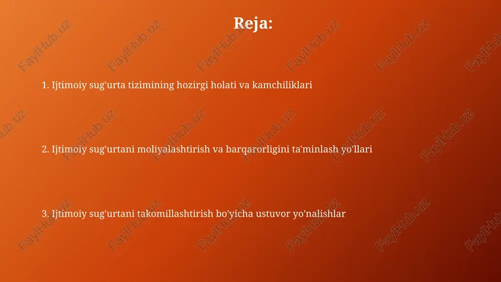 k. pensiya ta'minoti islohotlari: yangi yo'nalishlar pensiya tizimida ko'p ustunli modelni joriy etish muhim, jumladan, majburiy davlat pensiyasi, majburiy kasbiy pensiya va ixtiyoriy shaxsiy pensiya jamg'armalari mavjud. bu moliyaviy barqarorlikni oshiradi. sug'urta badallarini to'lashdan bosh tortganlar uchun javobgarlikni kuchaytirish kerak, masalan, jarimalar yoki ma'muriy choralar qo'llash. bu tizimga tushumlarni oshiradi va adolatni ta'minlaydi. tibbiy sug'urta tizimini takomillashtirish strategiyalari davlat tibbiy sug'urtasini majburiy tizimga o'tkazish, bunda har bir fuqaro sug'urta paketiga ega bo'lib, sog'liqni saqlash xizmatlaridan teng foydalanish imkoniyatini ta'minlash zarur. birlamchi tibbiy yordamni kuchaytirish orqali kasalliklarni erta aniqlash, profilaktika va ambulator davolanishni rivojlantirish, shuningdek, oilaviy shifokorlar institutini kengaytirish lozim. ishsizlik nafaqasi va mehnat bozorini qo'llab-quvvatlash ishsizlik nafaqalari hajmini ish stajiga bog'lash orqali rag'batlantirish tizimini joriy etish, bu esa kamida 6 oylik ish tajribasiga ega bo'lganlarga ustunlik beradi. mehnat bozorida raqobatbardoshlikni oshirish uchun kasbiy qayta tayyorlash dasturlarini kengaytirish va ularga 30 yoshgacha bo'lgan yoshlarni jalb qilishni ko'paytirish muhim. nogironlik nafaqalari va …