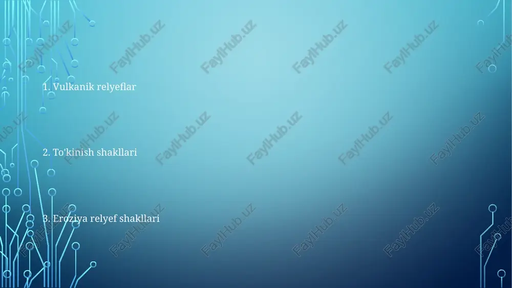 azon havzasi) past, keng maydonlar; havzalar (o'lim vodiysi, -86 m) chuqurliklar; tepaliklar (appalach tog'lari) tog'lardan past; barchasi tektonik faoliyat, ob-havo va eroziya natijasida shakllangan. tog'lar: himalay (everest, 8848 cho'llar qirg'oq tekisliklari pastar relyef xususiyatlari: pasttekisliklar ( 8000m balandlik), yaylovlar (tibet yaylovasi, kolorado yaylovasi; keng yuqori balandlikdagi hududlar), tekisliklar (shimoliy yevropa tekisligi, amazon havzasi; pasttekis, nisbatan tekis hududlar) tektonik relyef (yoriqlar, burmalar, plitalar harakati natijasida hosil bo'lgan tog'lar), erozion relyef (jarliklar, vodiylar, ob-havo va eroziya natijasida hosil bo'lgan plato), akkumulyativ relyef (deltalar, prolyuvial konuslar, cho'kindi jinslardan hosil bo'lgan sohil tekisliklari) yaylovlar tog'lar: baland yer shakllari (8000 m dan yuqori himoloy; 7000 km ga cho'zilgan andes tog'lari; rokki tog'lari), tik yon bag'irlari va balandlik farqlari bilan ajralib turadi, tektonik plitalar harakati natijasida hosil bo'lgan (burmali tog'lar, yoriq tog'lar) tektonik ko'tarilish yoki eroziya natijasida hosil bo'lgan, nisbatan tekis sirtga ega keng baland yer shakllari (masalan, tibet yaylasi, o'rtacha balandligi 4900 m; kolorado yaylasi, …