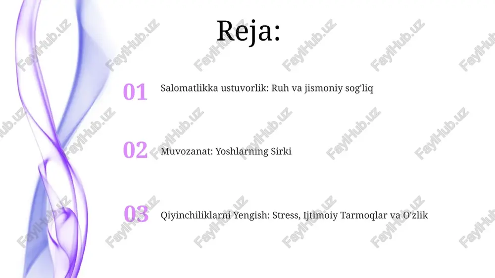 ari: stem sohalar (35%), sog'liqni saqlash (22%) va biznes/moliya (18%). 65% uchun o'qish bilan qo'shimcha mashg'ulotlarni (sport, san'at, klublar) muvozanatlash muhim. yoshlik muvozanati: 40% talaba o'quv yuklamasi (haftasiga o'rtacha 12 soatlik qisman ish) bilan birga 30 soatdan ortiq akademik majburiyatlarni muvozanatlashda qiynalmoqda. stress darajasi (1-10 ball shkalasi bo'yicha; o'rtacha 6,8) akademik, ijtimoiy hayot va moliyaviy mas'uliyatlar bosimi tufayli yuqori ruhiy va hissiy salomatlik sog'lom uyqu (7-9 soat) hissiy tartibga solish uchun muhim. yosh o'smirlarda uyqusizlik kayfiyat buzilishlari xavfini 50% ga oshiradi. raqamli detoks (yotishdan 1 soat oldin ekran vaqti cheklash) ishtirokchilarning 80% ga foyda keltiradi, uyqu sifatini yaxshilaydi va hissiy reaktivlikni kamaytiradi jahon bo'ylab yoshlar (12-25 yosh) ruhiy salomatligi muammolari 20%ni tashkil etadi, london, nyu-york, tokio kabi yirik shaharlarda tashvish (25%), depressiya (18%) ko'paygan. erta aralashuv dasturlari (masalan, maktabdagi maslahat) simptomlarda 15% yaxshilanishni ko'rsatadi o'quv bosimi va ijtimoiy hayot muvozanati 75% o'smirlarga ta'sir qiladi. maktabga bog'liq stress janubiy kaliforniya va …