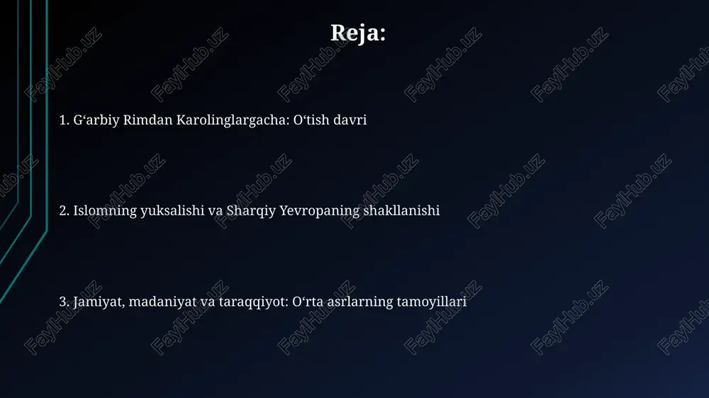 yillar) oʻzining eng yuqori choʻqqisiga chiqdi va imperatorlik unvonini olganidan keyin yanada kuchaydi. vikinglar davri va sharqiy yevropadagi davlatlarning shakllanishi vikinglar sharqiy yevropada 8-11-asrlarda savdo yoʻllarini, xususan, volga savdo yoʻlini nazorat qilish orqali davlatlarning shakllanishiga taʼsir koʻrsatdi. varyaglar (vikinglar) kiyev rusining asoschilaridan boʻlib, 9-asrda mahalliy slavyan qabilalarini birlashtirib, birinchi sharqiy slavyan davlatini tashkil etishda muhim rol oʻynagan. 10-asrda vikinglar davridagi siyosiy beqarorlik polsha, vengriya va bogemiya kabi yangi davlatlarning paydo boʻlishiga yordam berdi, ularning hukmdorlari oʻz hokimiyatini mustahkamlashga harakat qilishdi. feodalizmning rivojlanishi: monarxiya, aristokratiya va jamiyat monarxiya o'z yerlarini feodal egalari orqali boshqargan. har bir vassal o'z lordiga sodiqlik qasamyodini bergan, bu esa o'zaro bog'liqlikni yaratgan. feodalizmning rivojlanishi davrida yer egalari, ya'ni aristokratiya, qirolga harbiy xizmat ko'rsatgan va uning uchun soliqlarni yig'gan. bu jarayon ix-xi asrlarda kuchaygan. jamiyat feodalizm davrida uch qatlamga bo'lingan: ibodat qiluvchilar (ruhoniylar), jangchilar (aristokratlar) va ishchilar (dehqonlar). bu tuzilma ijtimoiy barqarorlikni ta'minlagan. xristian cherkovi, monastirlar, ilm-fan …