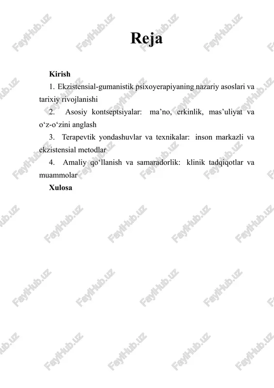 k, hayotdagi noaniqlik va o’tkinchilik bilan ishlashni o’rganadi. amaliyotda ikkala individual va guruh terapiyasi usullari qo’llaniladi, psixoterapevtik maqsadlar esa hayotiy ma’no, o’zaro munosabatlar va mavjudlik mas’uliyatini mustahkamlashdan iborat. bob keyingi bo’limlarda amaliy misollar, interventsiyalar va terapiya samaradorligini o’lchash usullari haqida ham ma’lumot beradi va klinik tavsiyalarni o’z ichiga oladi. 2. ekzistensial-gumanistik psixoyerapiyaning nazariy asoslari va tarixiy rivojlanishi ekzistensial-gumanistik psixoyerapiya insonning mavjudligi, ma’no izlash va shaxsiy erkinlik kabi fundamental masalalarga yo’naltirilgan yo’nalish sifatida rivojlandi. nazariy jihatdan u insoniy tajriba markaziyligini ta’kidlaydi: 1 ekzistensial-gumanistik psixoyerapiyaning nazariy asoslari va tarixiy rivojlanishi individualning sub’ektiv dunyosi, mavjudlikning ma’nosi hamda autentiklik muammolari terapiya jarayonining asosiy ob’ektiga aylanadi. gumanistik elementlar — insonning o’sish imkoniyati, o’zini amalga oshirish va shaxsning ijobiy potentsiali haqidagi da’volar — ekzistensial perspektiva bilan uyg’unlashganda, terapiya nafaqat simptomlarni yengillashtirish, balki hayotiy ma’no va shaxsiy javobgarlikni qayta tiklashga intiladi. tarixan ushbu yo’nalish yuzaga kelishi xx asrning ikkinchi yarmida ruhshunoslik va psixiatriyada yuz bergan intellektual almashuvlarga …