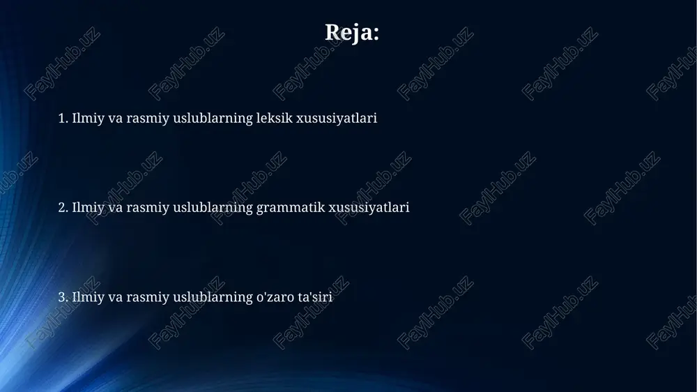 uslubining leksik xususiyatlari rasmiy-idora uslubi ko‘plab standartlashtirilgan iboralarni o‘z ichiga oladi, masalan, “buyruq beraman”, “iltimos qilaman” kabi 10 dan ortiq tayyor andozalar. bu iboralar rasmiylikni ta’minlaydi. ushbu uslubda qisqartmalar keng qo‘llaniladi, masalan, “kabi”, “va boshqalar” kabi 15 dan ortiq qisqartmalar mavjud. ular matnni ixchamlashtirish va aniqlikni oshirishga xizmat qiladi. rasmiy-idora uslubi o‘ziga xos terminologiyaga ega, masalan, “ariza”, “qaror”, “nizom” kabi 20 dan ortiq atamalar. bu terminlar yuridik va boshqaruv sohalarida qo‘llaniladi. rasmiy-idora uslubining grammatik xususiyatlari hujjatlarda otlashgan sifatlar va ravishlar keng tarqalgan, bu esa matnning ixchamligini ta'minlaydi. misol uchun, “yuqorida ko'rsatilgan” o'rniga “yuqoridagilar” shakli qo'llanilishi mumkin (5-modda). rasmiy uslubda murakkab gaplar keng qo'llaniladi, ularda 2 ta yoki undan ortiq bog'langan gaplar bo'lib, ma'lumotni aniq va to'liq ifodalashga xizmat qiladi. masalan, shartli ergash gaplar ko'p ishlatiladi. passiv konstruksiyalar rasmiy uslubda ob'ektivlikni ta'minlash uchun ishlatiladi. masalan, “komissiya tomonidan tekshirildi” kabi gaplar sub'ektni aniqlamasdan harakatga urg'u beradi (3-band). ilmiy va rasmiy uslublarda terminologiya …
