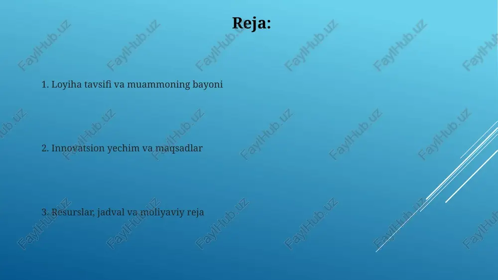 narx, joy, reklama) modeliga asoslanadi: mahsulotning noyobligini ta'kidlash, raqobatbardosh narxlarni belgilash, tarqatish kanallarini optimallashtirish va maqsadli reklama kampaniyalarini o'tkazish. jamoa, ijtimoiy ta'sir va barqarorlik jamoa tarkibi mutaxassislarning tajribasi va mahoratini aks ettiradi, bunda 60% texnik, 25% marketing va 15% boshqaruvga yo'naltirilgan bo'lib, loyiha muvaffaqiyatini ta'minlaydi. loyiha ijtimoiy ta'siri 1000 dan ortiq kishiga ta'lim berish va 50 dan ortiq ish o'rinlarini yaratish orqali o'lchanadi, bu esa mahalliy iqtisodiyotga sezilarli hissa qo'shadi. e'tiboringiz uchun rahmat image1.png image2.jpg image3.jpg image4.jpg image5.jpg image6.jpg image7.jpg