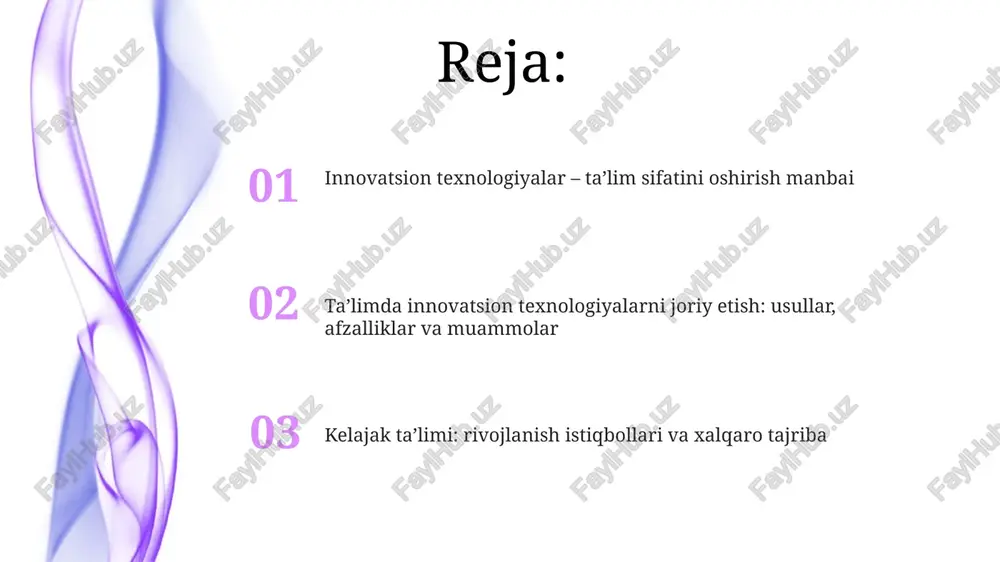 oshadi, chunki ular o'z tezligida bilim olishlari va turli xil resurslardan foydalanishlari mumkin. innovatsion texnologiyalar o'qituvchilarga darslarni 30% gacha qisqartirishga yordam beradi, bu vaqtni talabalarga individual yordam berishga sarflash imkonini beradi. innovatsion texnologiyalarning afzalliklari va kamchiliklari innovatsion texnologiyalar ta'limga qulaylik yaratadi, 24/7 o'qish imkonini beradi, lekin texnik nosozliklar va internetga qaramlik kabi kamchiliklarga ega, bu o'qish sifatini pasaytirishi mumkin. raqamli resurslarga boylik o'quvchilarga keng imkoniyatlar yaratadi, ammo ma'lumotlarning ishonchliligi masalasi va plagiat xavfi kabi muammolar mavjud, ularni hal qilish zarur. ta'lim sifatini baholashda innovatsion texnologiyalardan foydalanish innovatsion texnologiyalar talabalarning bilimini real vaqtda baholash uchun onlayn testlar va so'rovlardan foydalanish imkonini beradi, bu esa o'qituvchilarga 360 gradusli baholashni ta'minlaydi. o'quvchilarning bilimini avtomatik baholash tizimlari, masalan, ai-ga asoslangan insholar tekshiruvchilari, vaqtni tejaydi va xatolarni kamaytiradi, bu esa baholashning 85% gacha aniqligini ta'minlaydi. innovatsion texnologiyalarni joriy etishdagi muammolar va ularni bartaraf etish yo'llari o'qituvchilarning innovatsion texnologiyalar bo'yicha malakasining pastligi ta'lim sifatiga salbiy ta'sir …