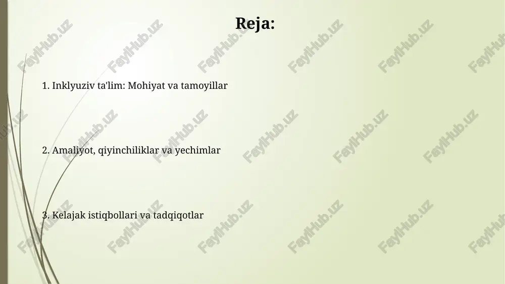 tiroki sinfda 100% inkluziv muhit yaratishga yordam beradi, ularning tajribalari va hissalaridan foydalanish barcha bolalar uchun foydali. ota-onalar sinf muhitini rivojlantirishda, masalan, 3 xil tadbirda ishtirok etishlari mumkin: kitob o'qish, darslarda yordam berish va loyihalarda ishtirok etish. muvaffaqiyatli amaliyotlar, qiyinchiliklar va to'siqlar muvaffaqiyatli amaliyotlarda individual o'quv rejalari (iop) ni ishlab chiqish va amalga oshirish, bu har bir o'quvchining 1 dan 10 gacha bo'lgan shaxsiy ehtiyojlarini qondirishga yordam beradi. qiyinchiliklar orasida o'qituvchilarning inklyuziv ta'lim bo'yicha yetarli darajada tayyor emasligi, ayniqsa, autizm spektridagi bolalar bilan ishlashda kuzatiladi. bu ularning 75% gacha qiyinchilik tug'diradi. afzalliklar, kelajak tendentsiyalari va tadqiqotlar inklyuziv ta'lim jamiyat a'zolarining 80 foizi uchun teng imkoniyatlar yaratadi, ijtimoiy birdamlikni mustahkamlaydi va 21-asr ko'nikmalarini rivojlantiradi. kelajakda 5g texnologiyalari asosida masofaviy inklyuziv ta'lim platformalari rivojlanib, har bir bolaga moslashuvchan o'quv dasturlari taklif etiladi. e'tiboringiz uchun rahmat image1.jpg image2.jpg image3.jpg image4.jpg image5.jpg image6.jpg image7.jpg