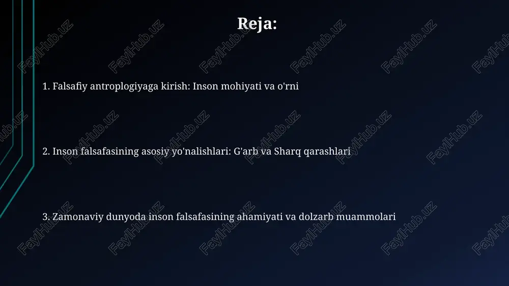 eterminizm bilan bog'liq bo'lib, sun'iy intellekt rivojlanishi insonning o'rnini bosishi xavfini keltirib chiqaradi, bu esa yangi axloqiy dilemmalarni yaratadi. fenomenologiya va ekzistensializm ta'siri ostida insonning sub'ektiv tajribasi, ong holati va mavjudligining ma'nosi zamonaviy falsafaning diqqat markazida bo'lib, 20-asrdan beri davom etmoqda. e'tiboringiz uchun rahmat image1.png image2.jpg image3.jpg image4.jpg image5.jpg image6.jpg