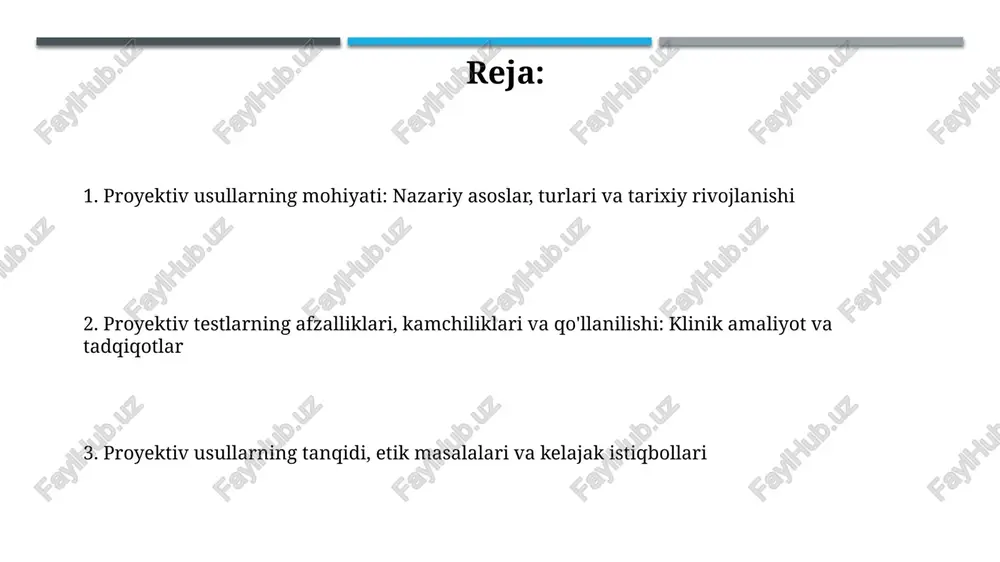 lanilishda, rorschach siyoh dog'lari testi shaxsning kognitiv jarayonlarini baholaydi, shuningdek, shizofreniya kabi psixopatologiyalar diagnostikasida 10 ta standart kartadan foydalaniladi. madaniy omillar projektiv test natijalariga jiddiy ta'sir qiladi, masalan, tat testida hikoyalar turli madaniy kontekstlarga mos kelishi kerak, natijalarni noto'g'ri talqin qilmaslik uchun. etik masalalar, tanqid va bahslar projektiv testlarning shaxsiy ma'lumotlarni oshkor qilish xavfi 1982-yilgi apa etika kodeksiga zid keladi, xususan, maxfiylikni buzish va kelishilgan rozilikni ta'minlash bilan bog'liq. ba'zi tanqidchilar, ayniqsa 2001-yilgi hunsley va bailey tadqiqotlarida, projektiv testlarning past validlik koeffitsientlari ularni klinik amaliyotda noqulay qiladi deb hisoblashadi. kelajak istiqbollari sun'iy intellekt yordamida baholashning rivojlanishi 2030 yilga kelib projektiv test natijalarini avtomatlashtirish, xolislikni oshirish va tahlil vaqtini qisqartirish imkoniyatini yaratadi. neuroimaging texnologiyalari bilan integratsiya 2025 yilda miya faoliyatini projektiv testlarga javob bilan bog'lash orqali ongsiz jarayonlarning neyrobiologik asoslarini o'rganadi. e'tiboringiz uchun rahmat image1.jpg image2.jpg image3.jpg