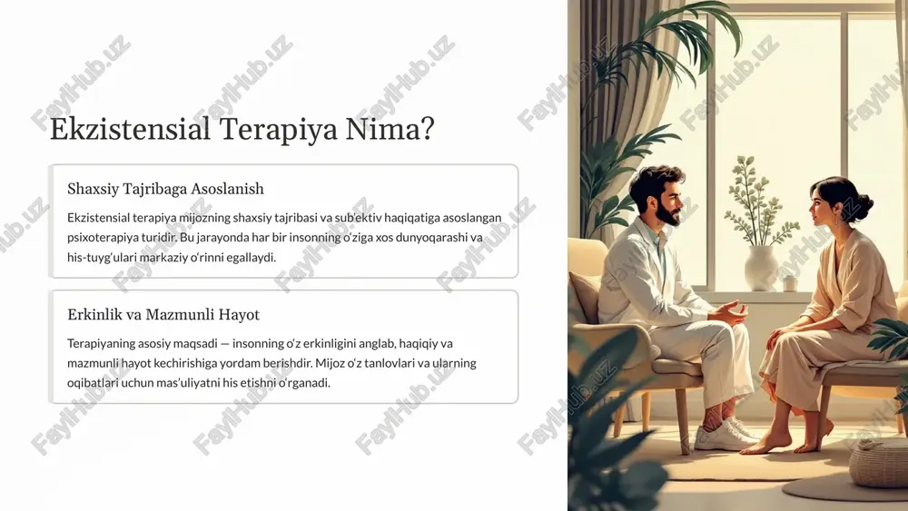 ma’no berish zarurati. inson o'z hayotining ma'nosini o'zi yaratadi va bu jarayon uning ichki dunyosini boyitadi. mas’uliyat (erkinlik) bizning tanlovlarimiz hayot yo‘limizni belgilaydi. erkinlik mas'uliyat bilan chambarchas bog'liq bo'lib, har bir tanlovimiz uchun javobgar ekanligimizni anglatadi. bu ustunlar insonning ichki dunyosini va uning tashqi olam bilan munosabatini tushunish uchun asos bo'lib xizmat qiladi. , 4 hayotdagi eksistensial qiyinchiliklar o‘lim qo‘rquvi: o‘limning muqarrarligi bilan bog‘liq bo‘lgan tashvish. yolg‘izlik hissi: insonning dunyoda o'ziga xos va yakka ekanligini anglashidan kelib chiqadigan tuyg'u. erkinlikdan qo‘rqish: cheksiz tanlov imkoniyatlari va ular uchun javobgarlikning og'irligi. ma’nosizlik hissi: hayotda maqsad va ma'no yo'qligini his qilish. bu holatlar patologiya emas, balki insoniy tajribaning tabiiy qismi. terapiya orqali bu qo‘rquvlarni yengib, haqiqiy hayotga qadam qo‘yish mumkin. , 5 terapiya jarayoni: dialog va hamkorlik samimiy va ochiq suhbat ekzistensial terapiyada standart texnikalardan ko‘ra, mijoz bilan samimiy va ochiq suhbatga urg‘u beriladi. terapevt mijozni faol tinglaydi va uning ichki dunyosini tushunishga …