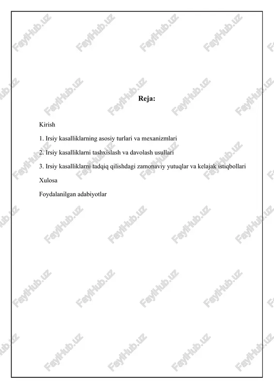 o'zgarishlar va yurak nuqsonlari kuzatiladi. turner sindromi (x0) ayollarda uchraydi va bitta x xromosomasining yo'qligi bilan tavsiflanadi. bemorlarda qisqa bo'y, tuxumdon disgenezi, bo'yin pardasi va yurak muammolari bo'lishi mumkin. xromosoma kasalliklarining paydo bo'lish mexanizmlariga meyoz jarayonidagi xatoliklar kiradi. bu xatoliklar xromosomalarning notekis ajralishi (non-disjunction) natijasida kelib chiqadi, bunda xromosomalar ajralish o'rniga bitta hujayrada qoladi. bunday xatoliklar onaning yoshi bilan bog'liq holda ortishi mumkin, ayniqsa daun sindromi kabi kasalliklarda. xromosoma translokatsiyalari va deletsiyalari ham mutatsiya jarayonida yoki tashqi omillar ta'sirida yuzaga kelishi mumkin. misol uchun, ionlashtiruvchi radiatsiya xromosomalarning sinishiga va qayta birikishiga olib kelishi mumkin, bu esa turli xromosoma kasalliklariga sabab bo'ladi. karyotip tahlili xromosoma kasalliklarini aniqlashda muhim diagnostika vositasidir. monogen kasalliklari: autosom va jinsiy bog'langan nasldorlik monogen kasalliklari bitta genda mutatsiya natijasida kelib chiqadi. ular autosom-dominant, autosom-retsessiv, x-bog'langan dominant yoki x-bog'langan retsessiv bo'lishi mumkin. autosom-dominant kasalliklar uchun mutatsiyaga uchragan genning bitta nusxasi kasallikni keltirib chiqarish uchun yetarli. misol uchun, axondroplaziya …