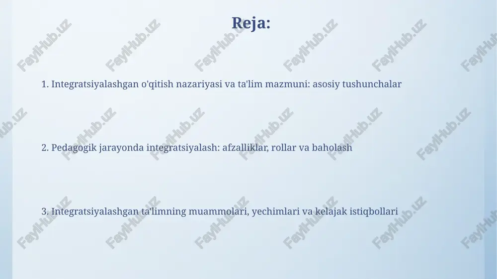 tegratsiyalashgan o'qitishning afzalligi shundaki, u 70% gacha o'quvchilarning motivatsiyasini oshiradi, ularning qiziqishlarini qondiradi va o'rganish jarayonini qiziqarli qiladi. baholash usullari va vositalari baholash usullari formativ va summativ baholashni o'z ichiga oladi, bunda formativ baholash o'quvchining o'rganish jarayonini 70 foizgacha yaxshilaydi, summativ baholash esa yakuniy natijalarni o'lchaydi. baholash vositalari portfoliolar, loyihalar va 360 darajali baholashni o'z ichiga oladi; portfolio o'quvchining ishlarini to'plamini namoyish etadi, loyihalar esa amaliy bilimlarni sinovdan o'tkazadi. muammolar va yechimlar o'quv materialining 10% moslashuvchan emasligi muammo, yechim esa modullashtirish va moslashuvchan o'quv dasturlarini ishlab chiqish, talabalar ehtiyojlarini hisobga olgan holda. integratsiyalashgan ta'limda 25% o'qituvchilarning tayyorgarligi yetarli emas, yechim esa metodik qo'llanmalar va 3 kunlik o'quv seminarlari tashkil etishdir. integratsiyalashgan ta'limning kelajakdagi istiqbollari integratsiyalashgan ta'lim kelajakda 21-asr ko'nikmalarini (tanqidiy fikrlash, hamkorlik) rivojlantirish uchun fanlararo loyihalarga yo'naltirilgan o'quv dasturlarini yaratishga olib keladi. kelajakda integratsiyalashgan ta'lim texnologiyalardan (vr/ar) foydalanishni kengaytiradi, bu esa o'quvchilarga 3d muhitda turli fanlar o'rtasidagi bog'liqlikni his qilish …